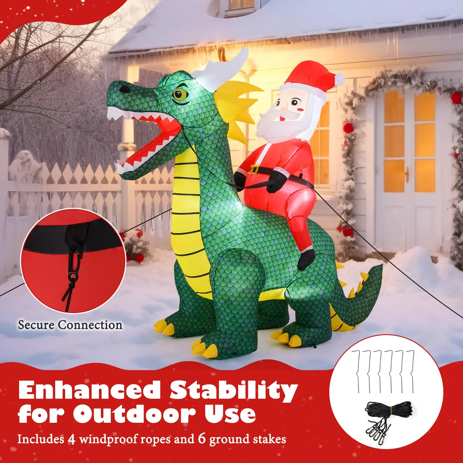Goplus 6.7 FT Inflatable Christmas Santa Claus Riding Dinosaur Decoration with Lights Stakes - Image 7