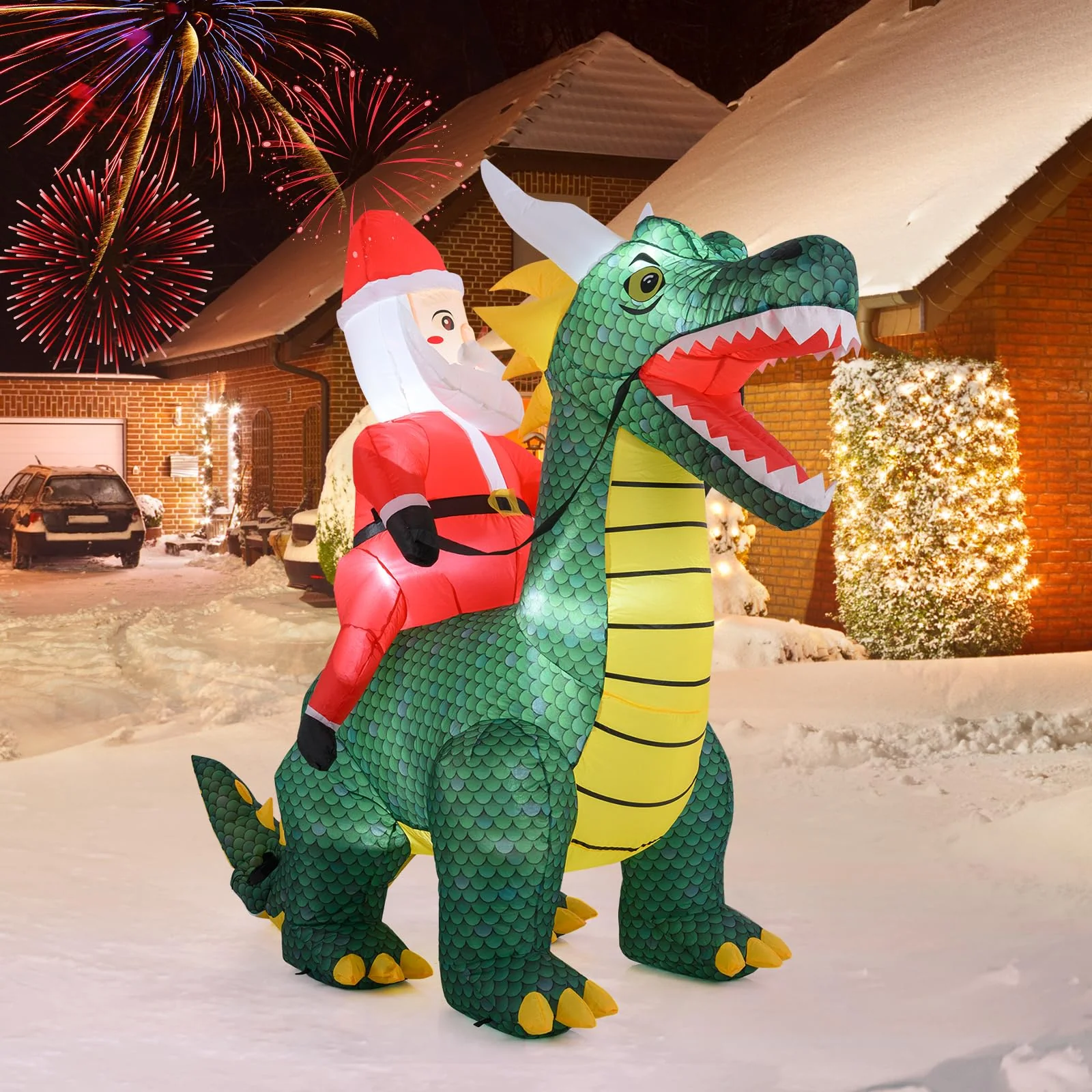 Goplus 6.7 FT Inflatable Christmas Santa Claus Riding Dinosaur Decoration with Lights Stakes - Image 8
