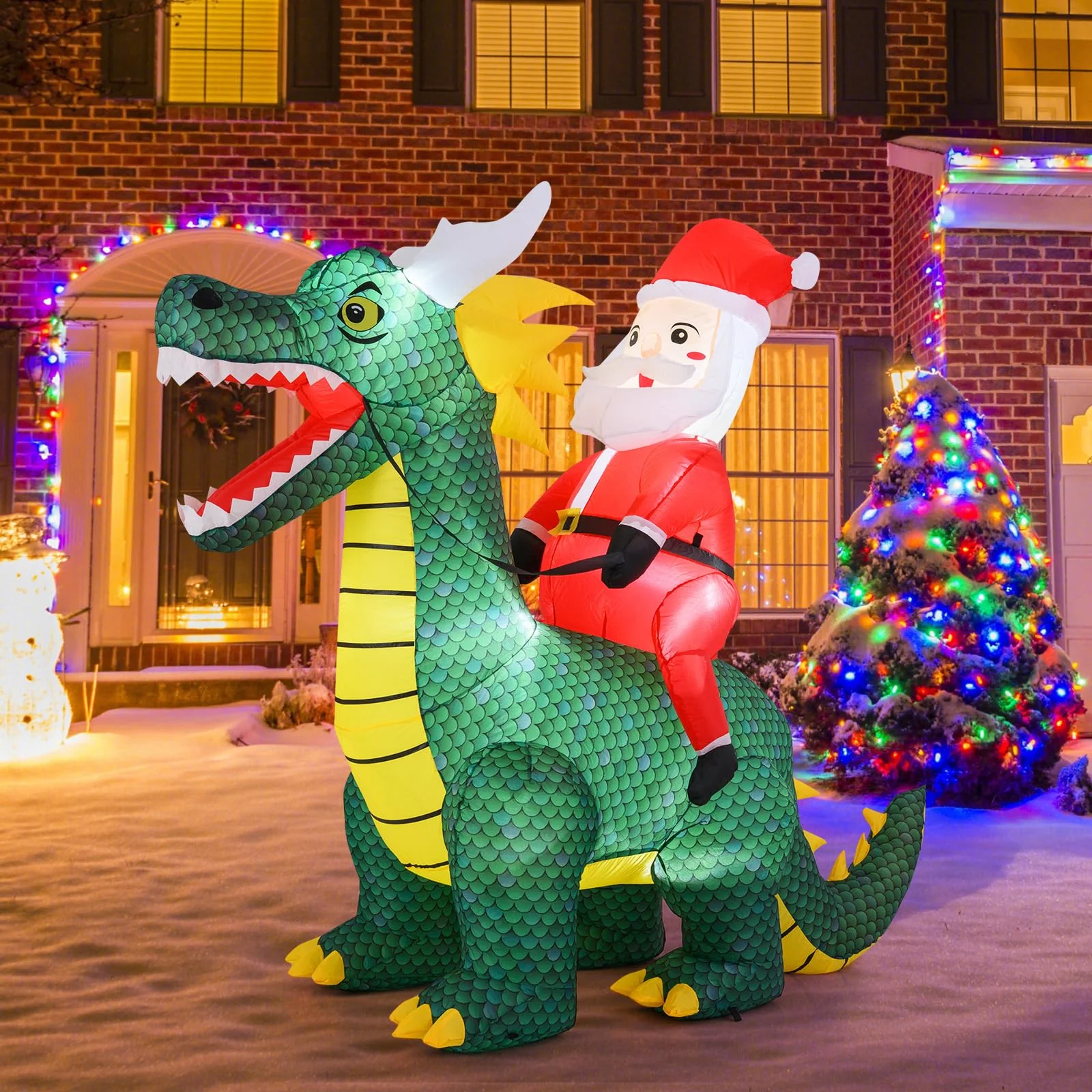 Goplus 6.7 FT Inflatable Christmas Santa Claus Riding Dinosaur Decoration with Lights Stakes - Image 9