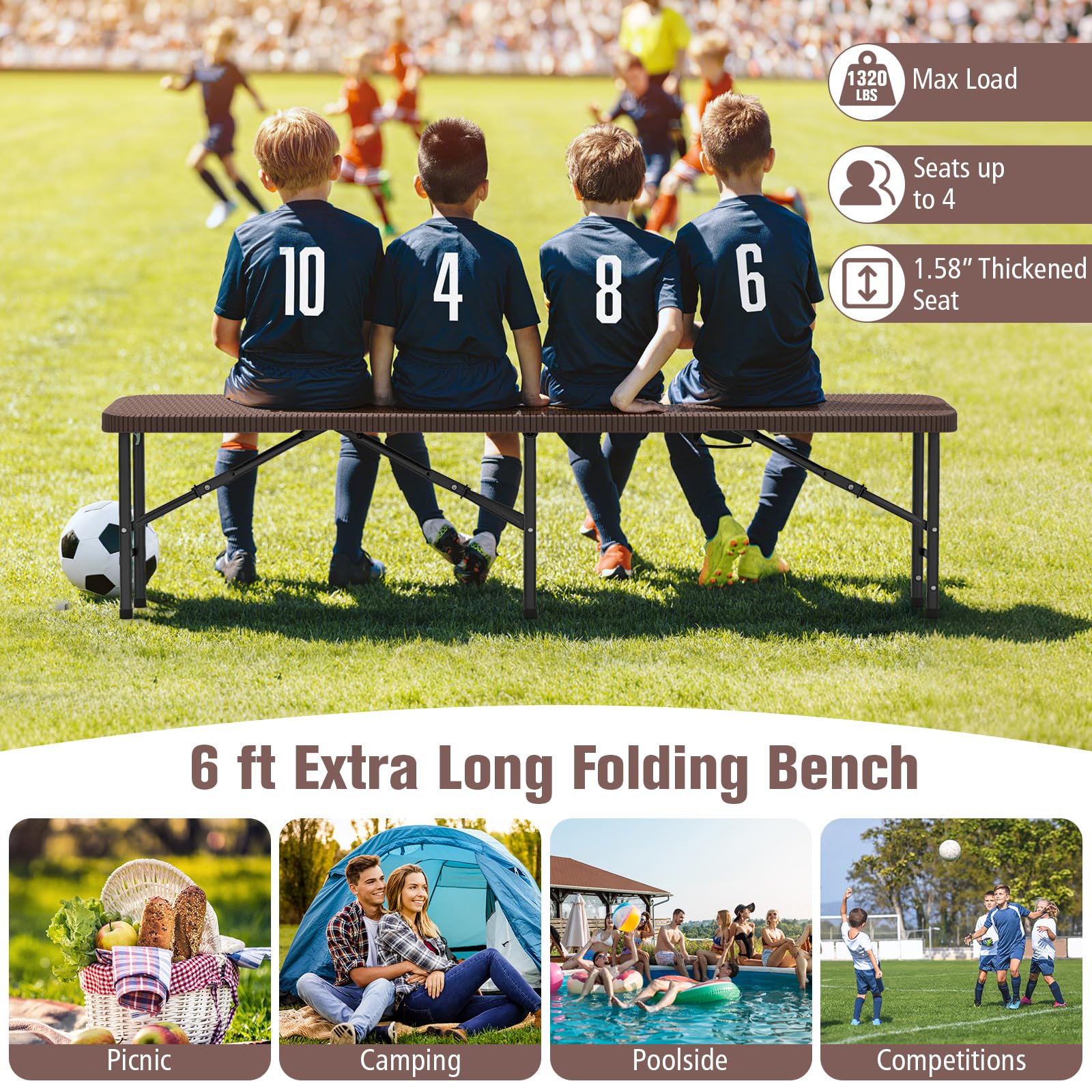 Goplus 6 Feet Plastic Folding Bench, Portable Foldable Bench Seat with 1320 LBS Capacity, for Outside Picnic Party Camping Dining Soccer Events - Image 4
