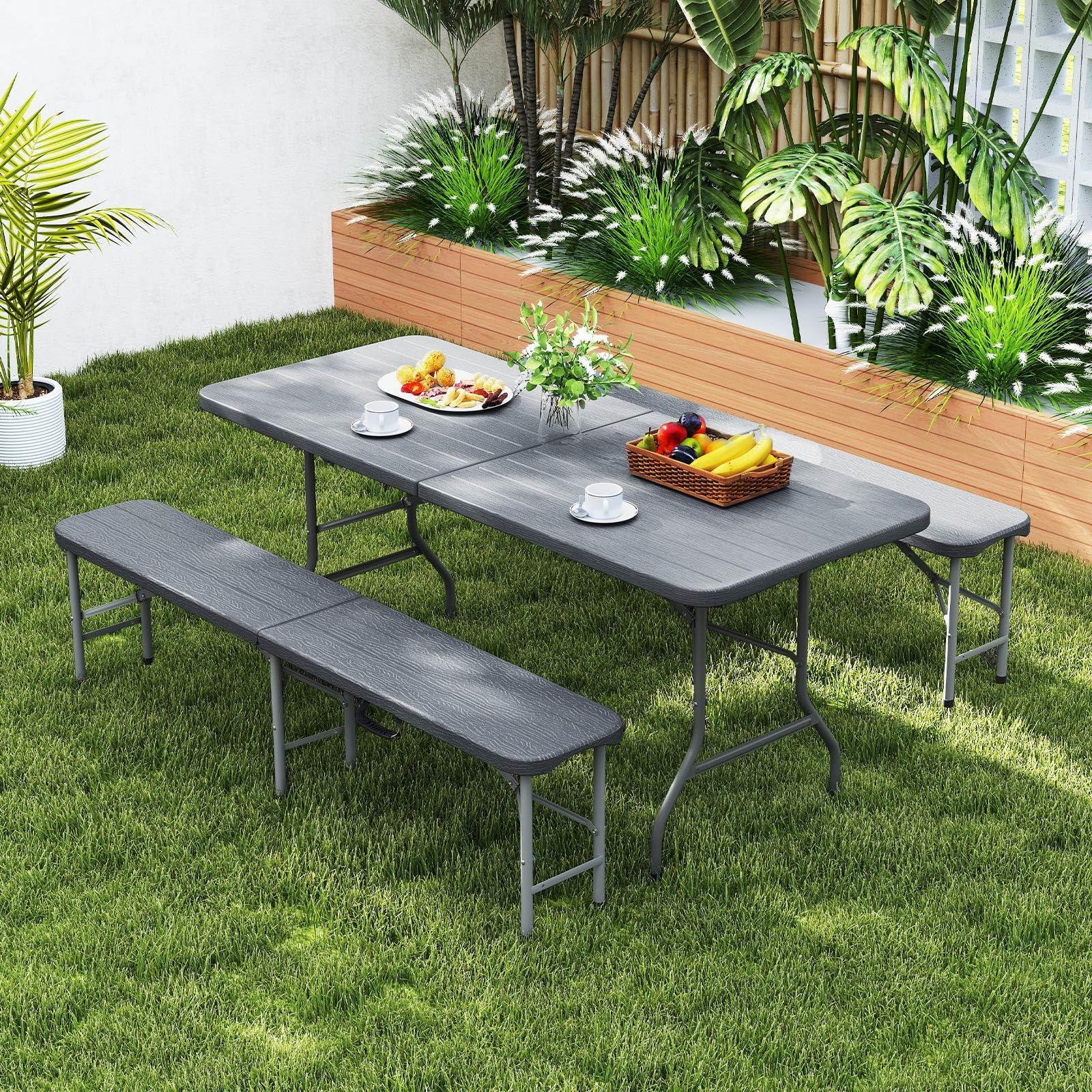 Goplus 6 FT 3-Piece Portable Picnic Table Bench Set, HDPE Wood-Like Plastic Folding Picnic Tables with Benches - Image 2