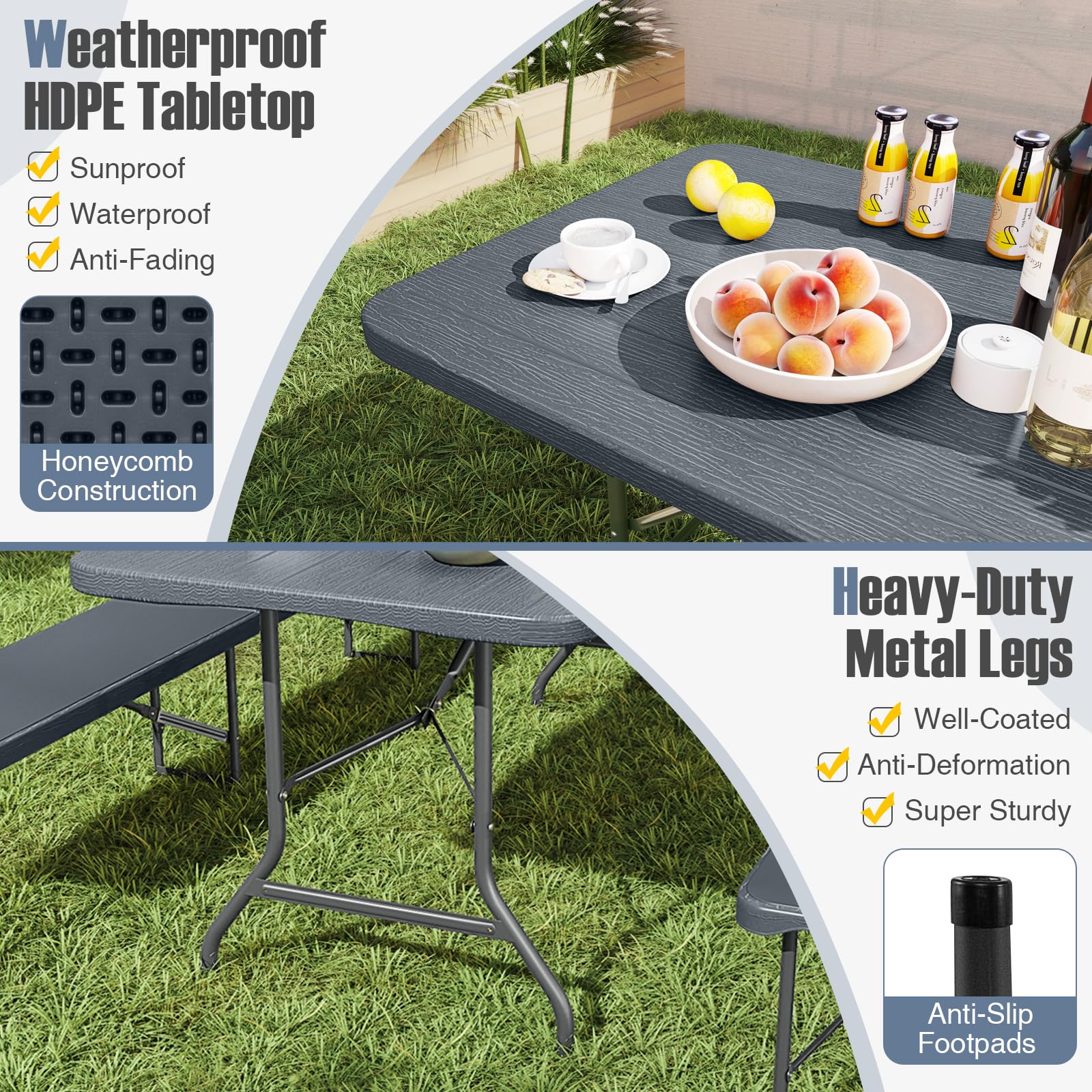 Goplus 6 FT 3-Piece Portable Picnic Table Bench Set, HDPE Wood-Like Plastic Folding Picnic Tables with Benches - Image 3