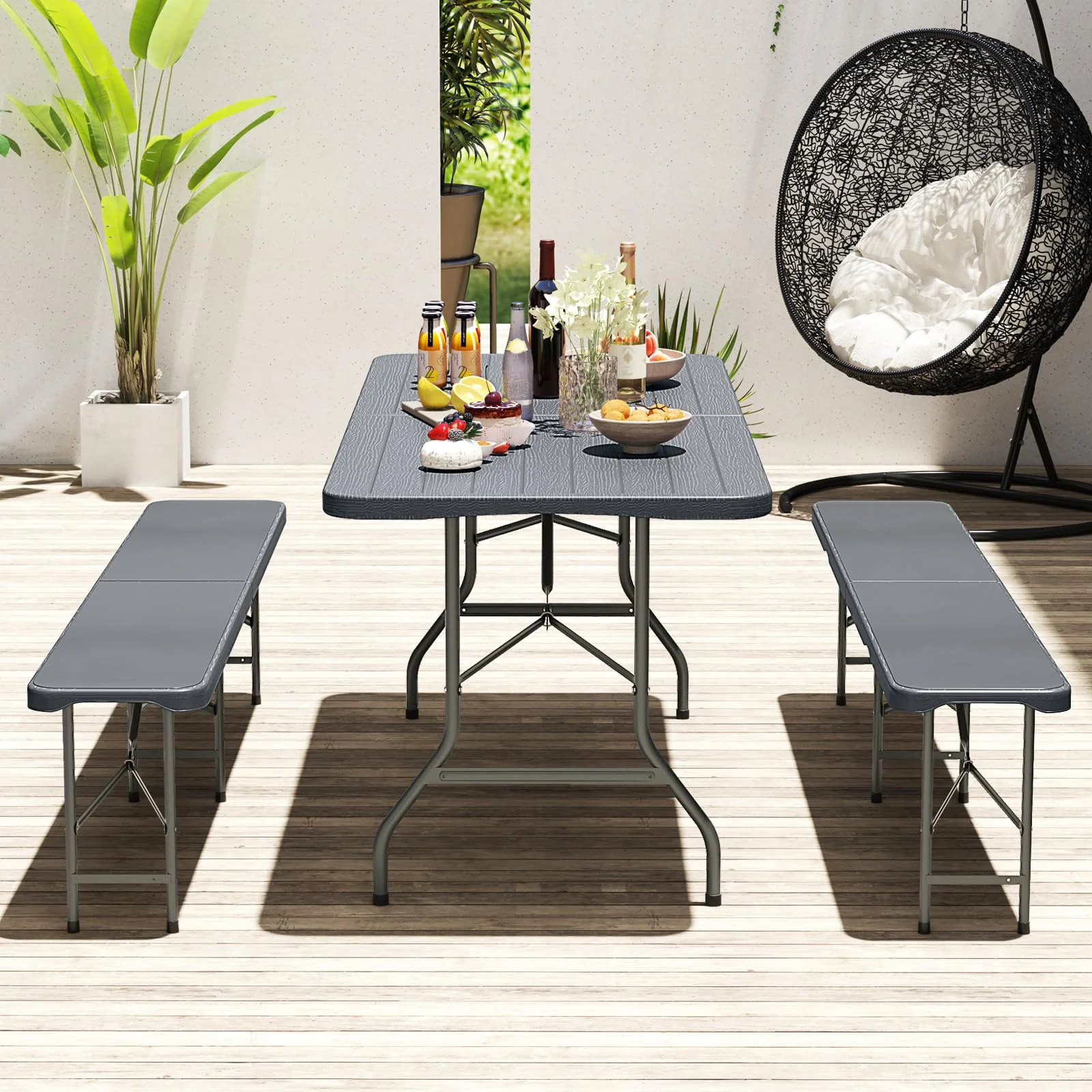 Goplus 6 FT 3-Piece Portable Picnic Table Bench Set, HDPE Wood-Like Plastic Folding Picnic Tables with Benches - Image 5