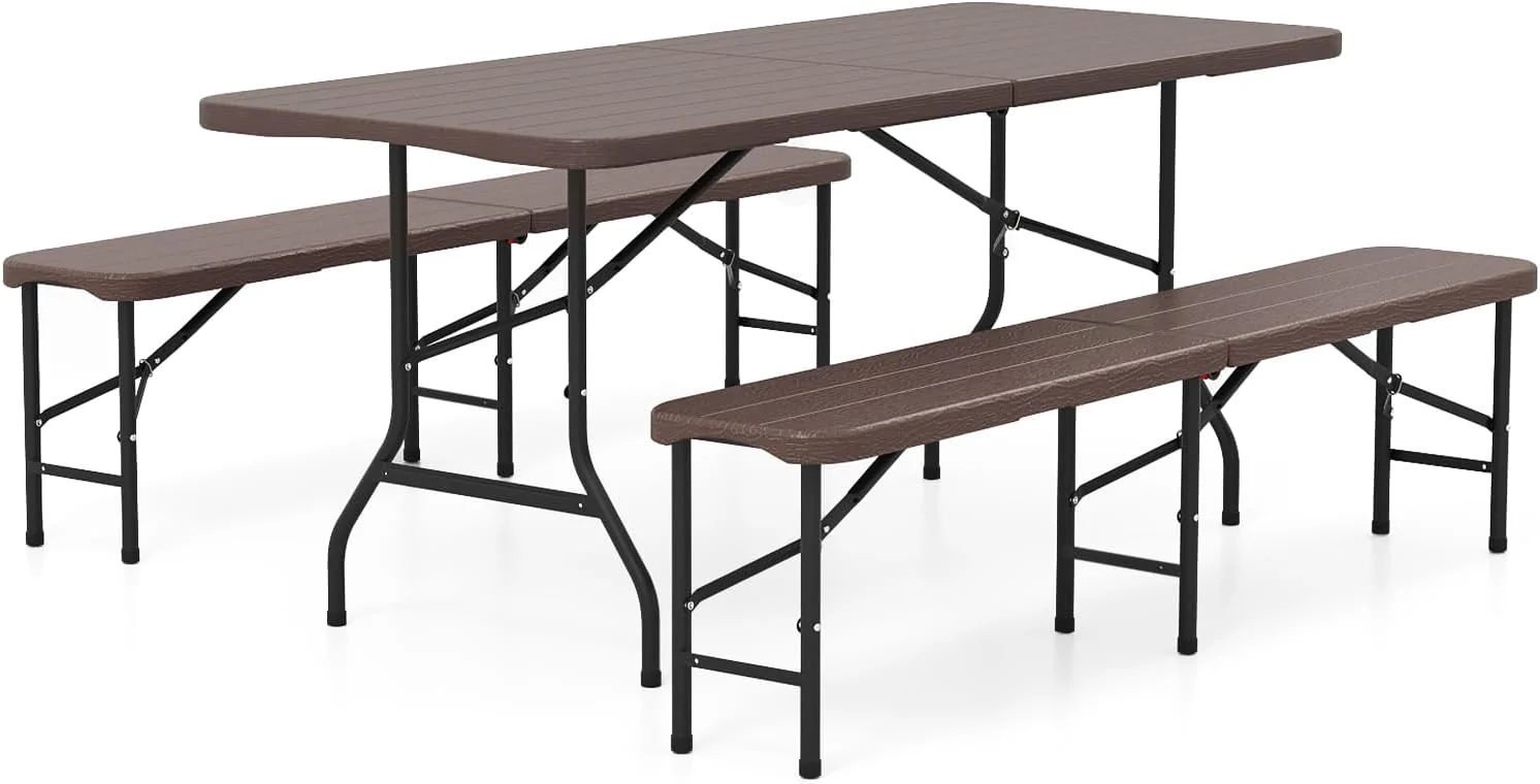 Goplus 6 FT 3-Piece Portable Picnic Table Bench Set, HDPE Wood-Like Plastic Folding Picnic Tables with Benches - Image 9