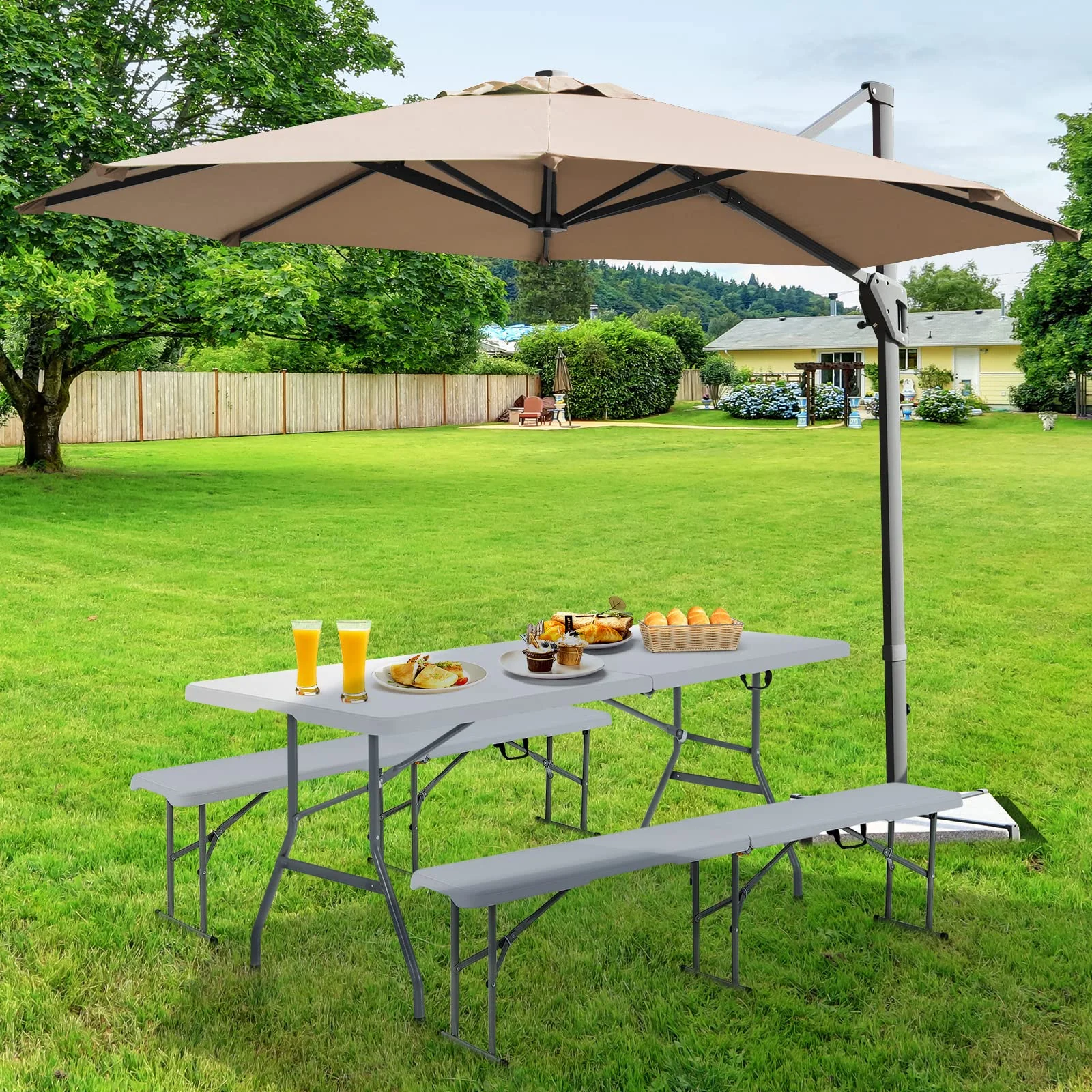 Goplus 6 FT 3-Piece Portable Picnic Table Bench Set, Weather-Resistant Plastic Folding Picnic Tables with Benches - Image 2