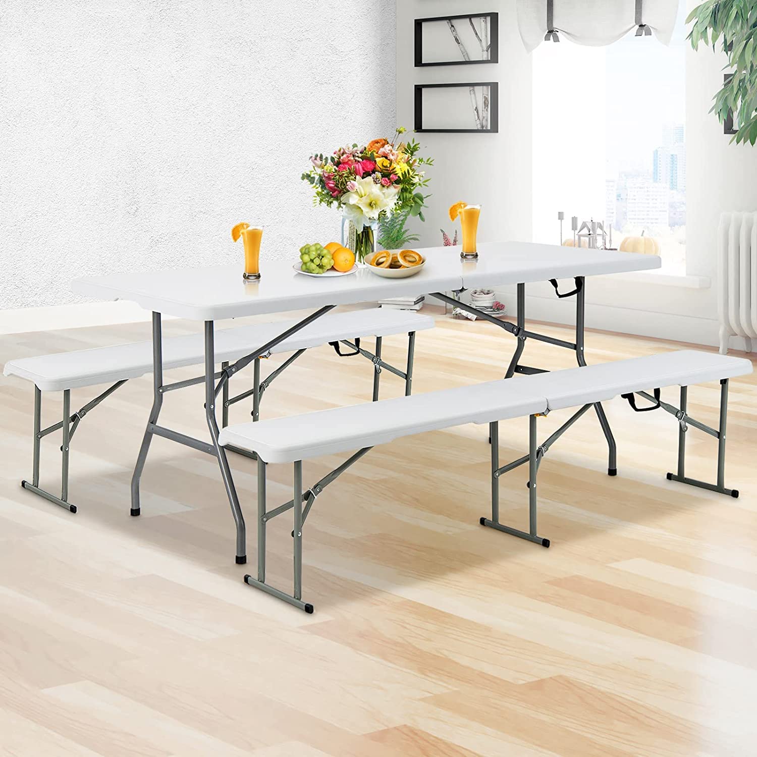 Goplus 6 FT 3-Piece Portable Picnic Table Bench Set, Weather-Resistant Plastic Folding Picnic Tables with Benches - Image 4
