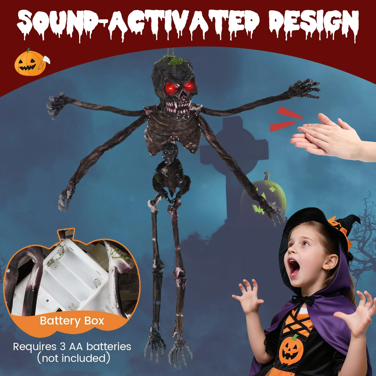 Goplus 6 FT Animated Halloween Decoration Hanging Zombie Sound-Activated Skeleton Decoration - Image 3