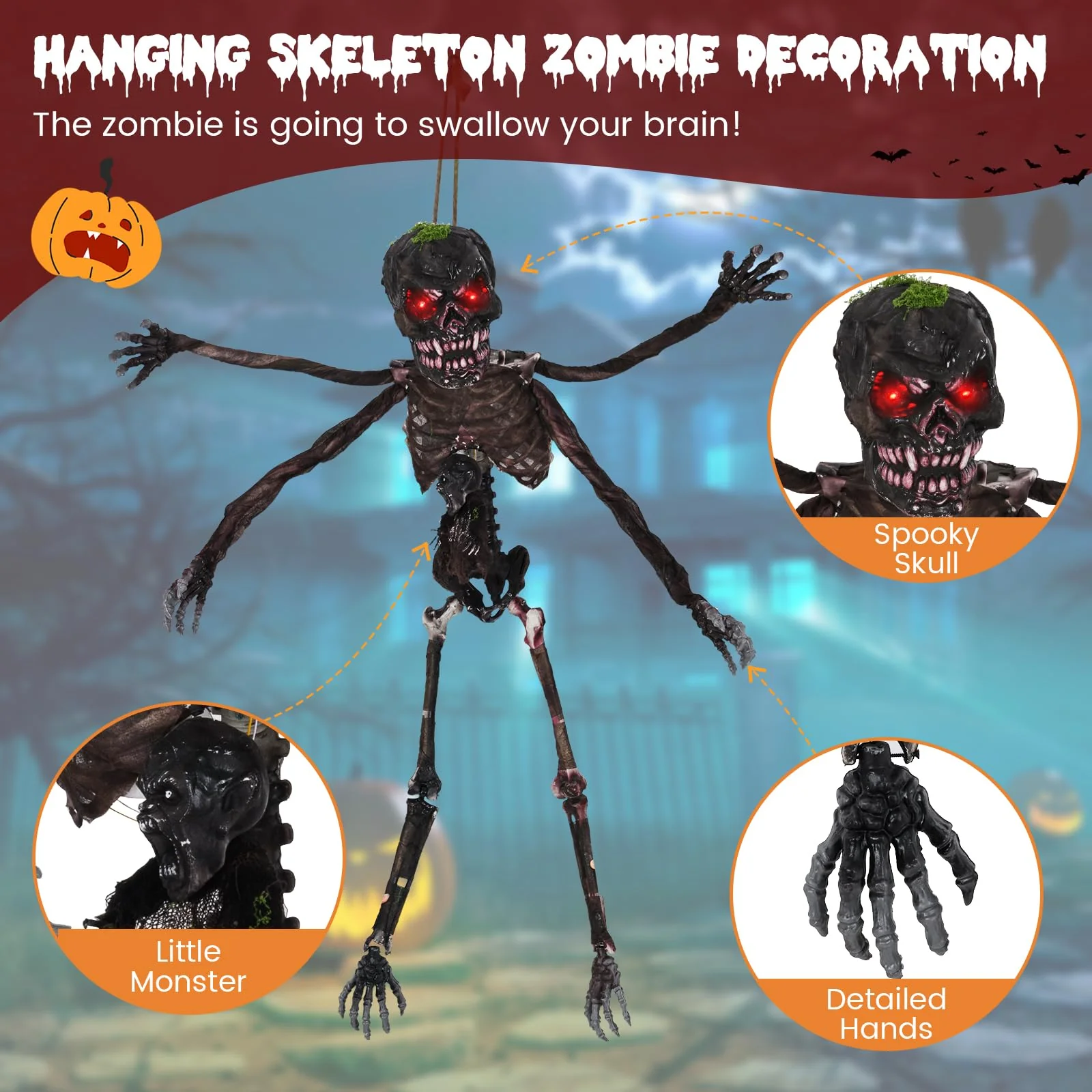 Goplus 6 FT Animated Halloween Decoration Hanging Zombie Sound-Activated Skeleton Decoration - Image 4