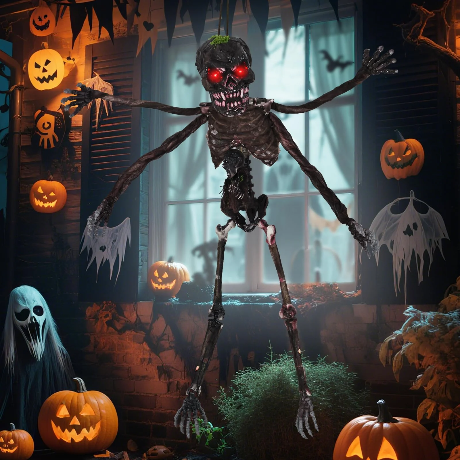 Goplus 6 FT Animated Halloween Decoration Hanging Zombie Sound-Activated Skeleton Decoration - Image 6
