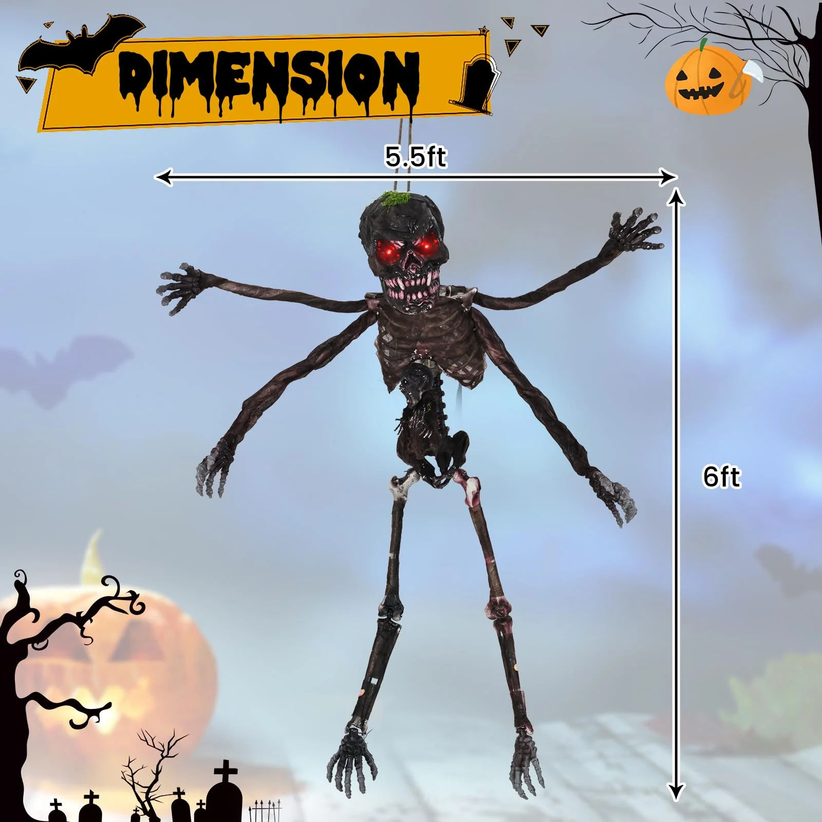 Goplus 6 FT Animated Halloween Decoration Hanging Zombie Sound-Activated Skeleton Decoration - Image 7