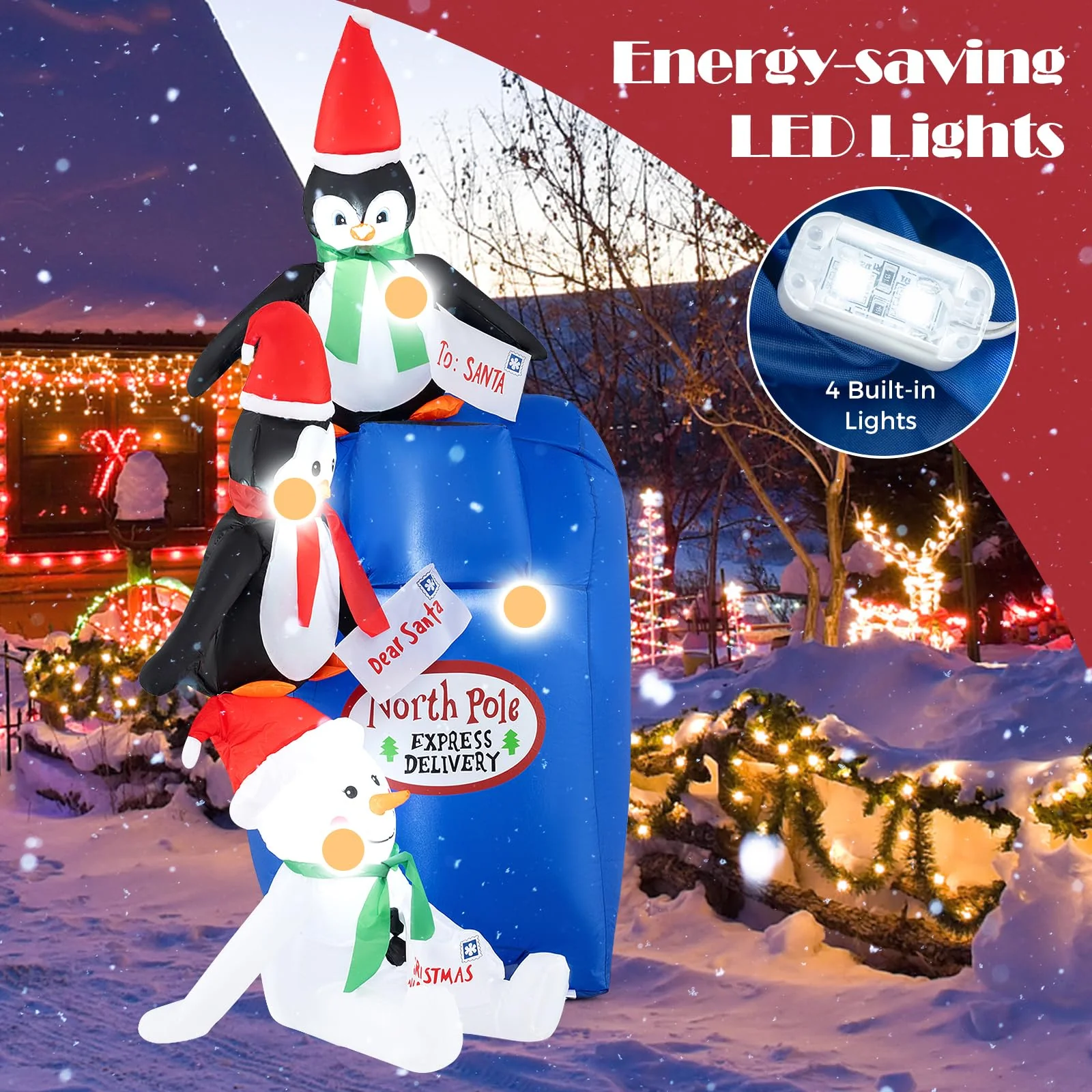 Goplus 6 Ft Christmas Inflatables, Blow up Pre-Lit Letters to Santa Mailbox with Penguins & Snow Man - Image 2