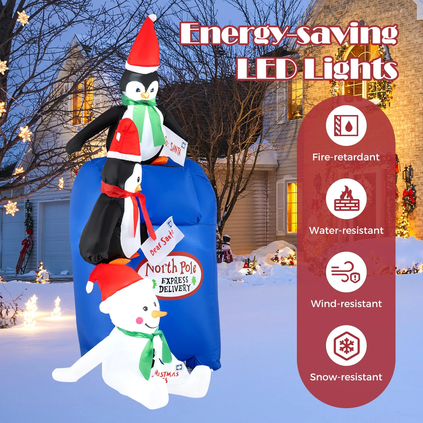 Goplus 6 Ft Christmas Inflatables, Blow up Pre-Lit Letters to Santa Mailbox with Penguins & Snow Man - Image 3