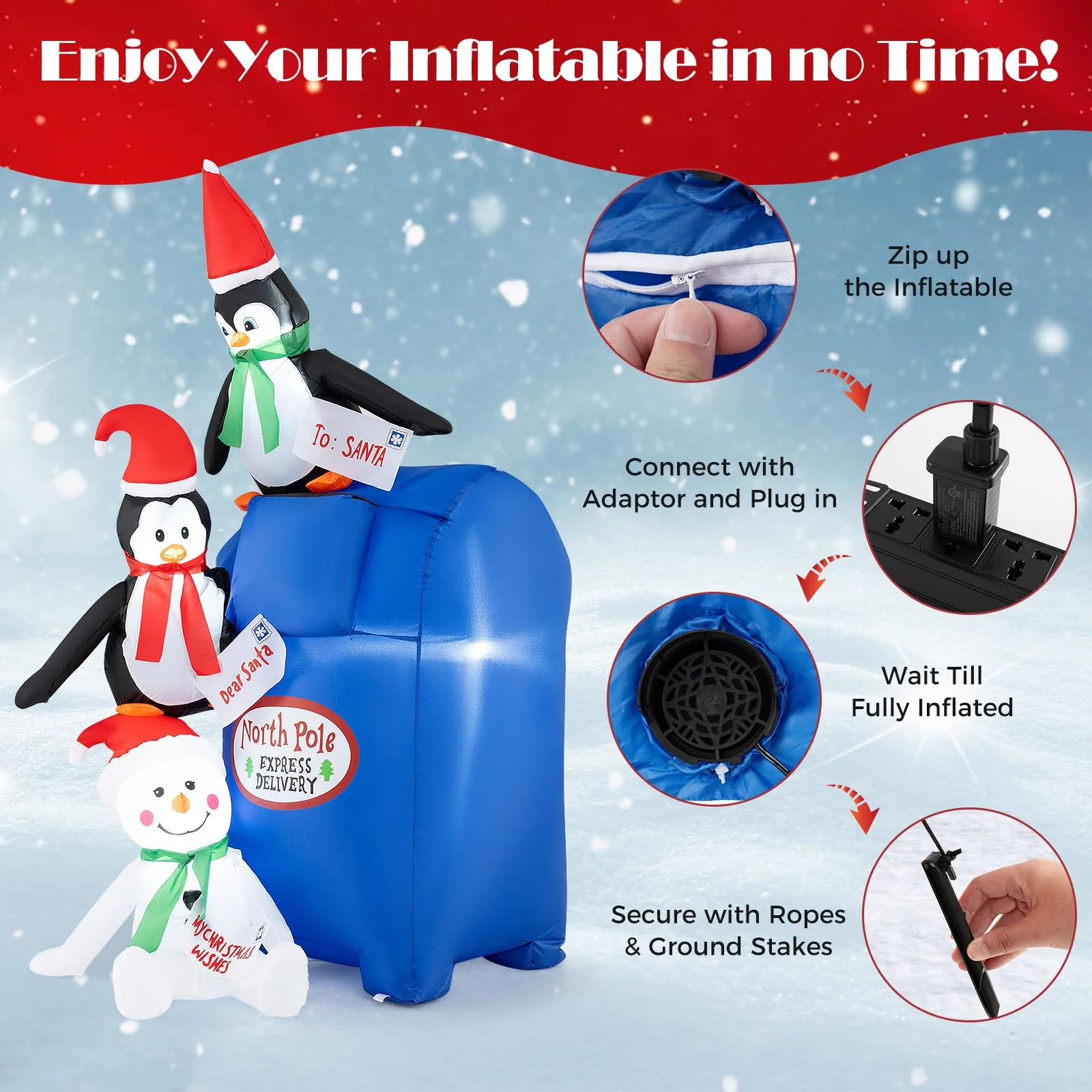 Goplus 6 Ft Christmas Inflatables, Blow up Pre-Lit Letters to Santa Mailbox with Penguins & Snow Man - Image 4