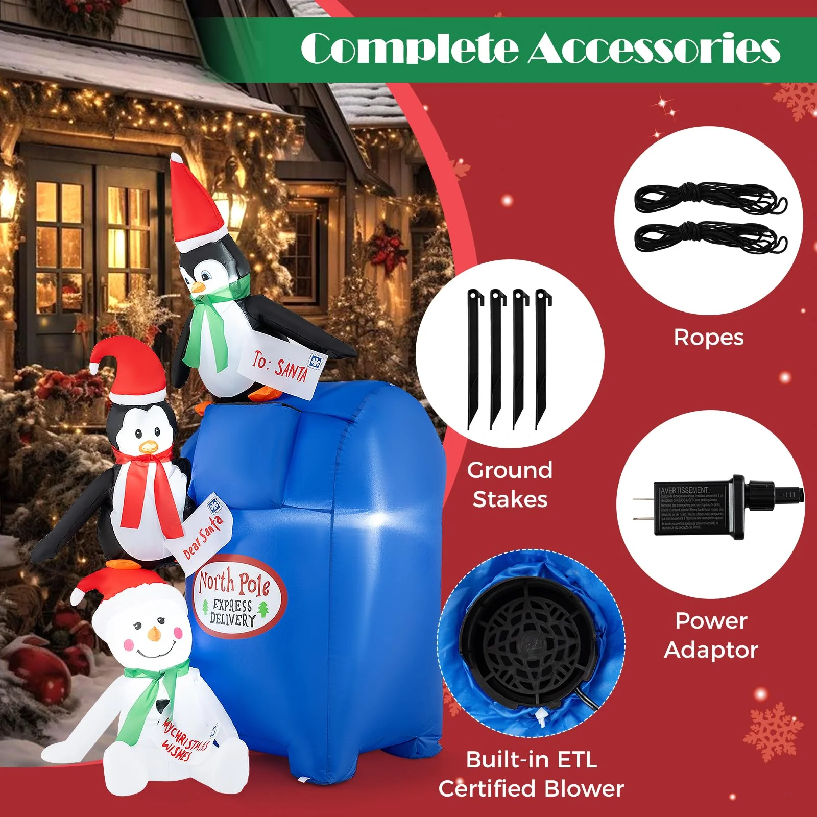 Goplus 6 Ft Christmas Inflatables, Blow up Pre-Lit Letters to Santa Mailbox with Penguins & Snow Man - Image 5