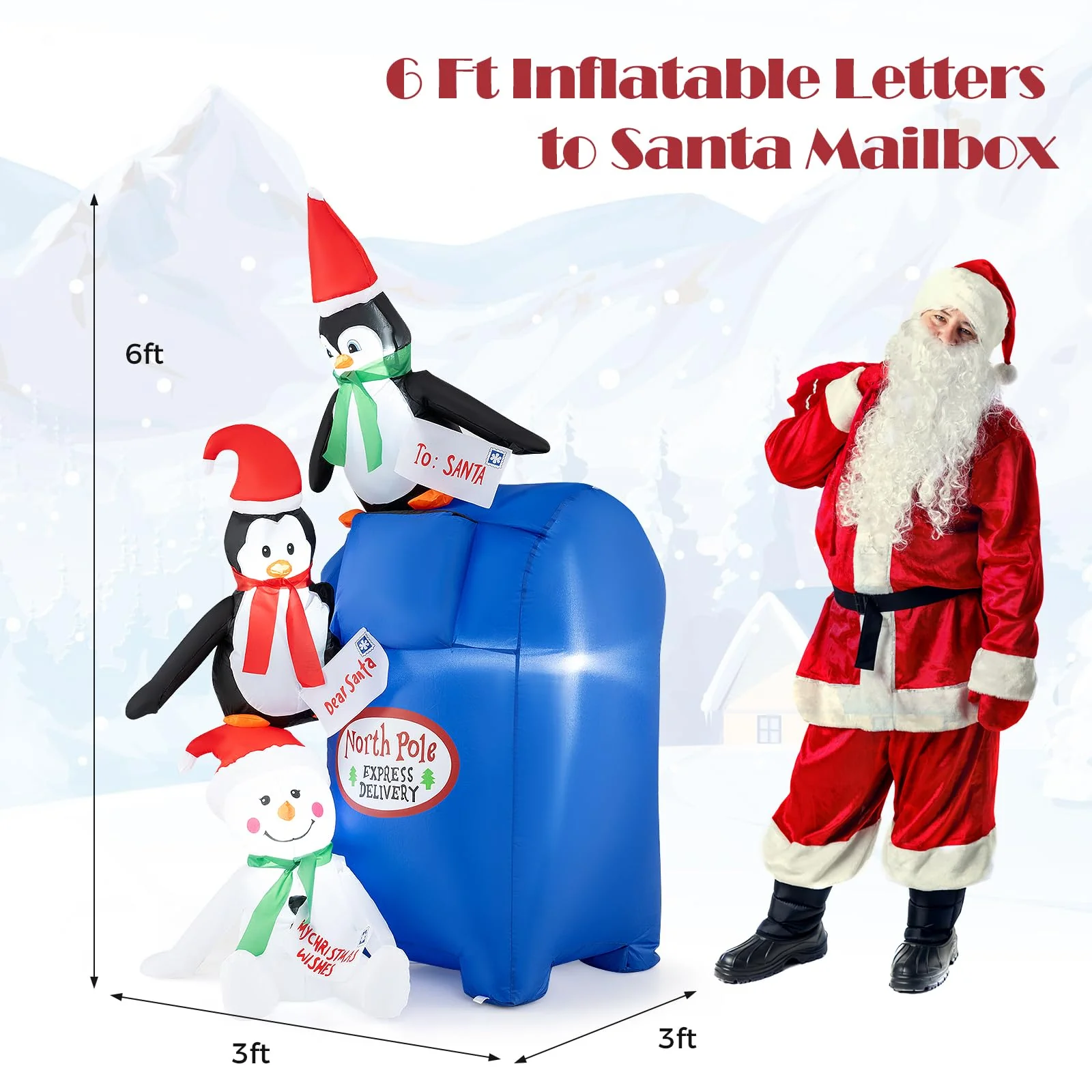 Goplus 6 Ft Christmas Inflatables, Blow up Pre-Lit Letters to Santa Mailbox with Penguins & Snow Man - Image 7