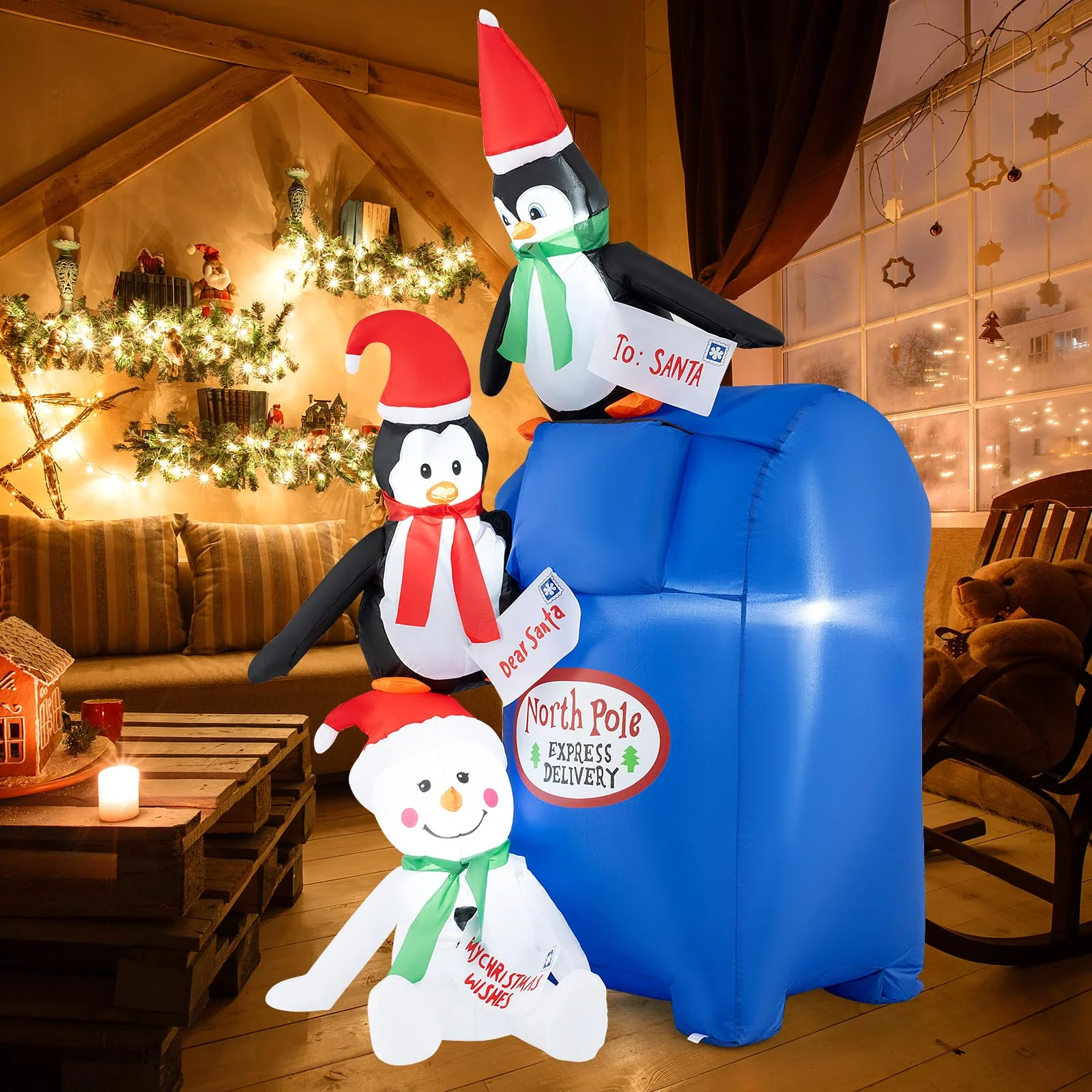 Goplus 6 Ft Christmas Inflatables, Blow up Pre-Lit Letters to Santa Mailbox with Penguins & Snow Man - Image 8