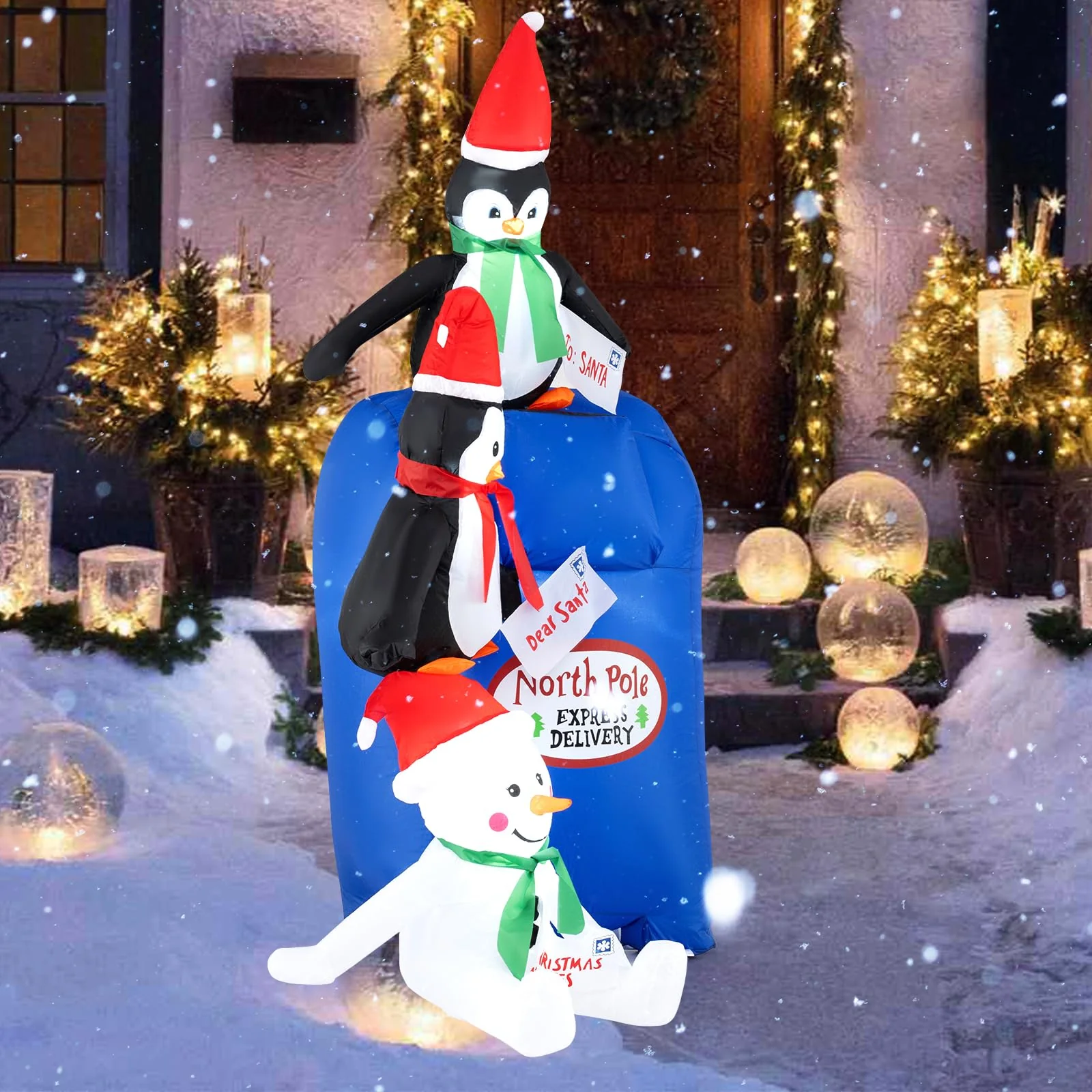 Goplus 6 Ft Christmas Inflatables, Blow up Pre-Lit Letters to Santa Mailbox with Penguins & Snow Man - Image 9