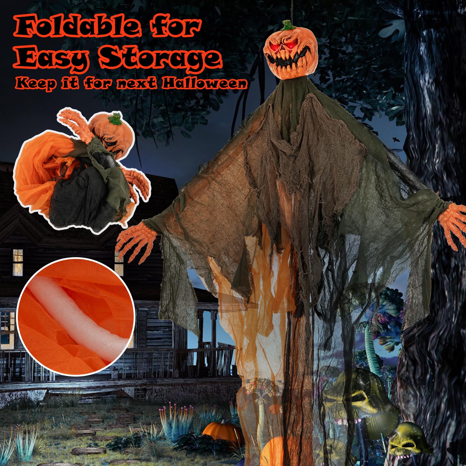 Goplus 6 Ft Hanging Halloween Decoration, Ghost Pumpkin Man with Red LED Eyes & Posable Arms - Image 3