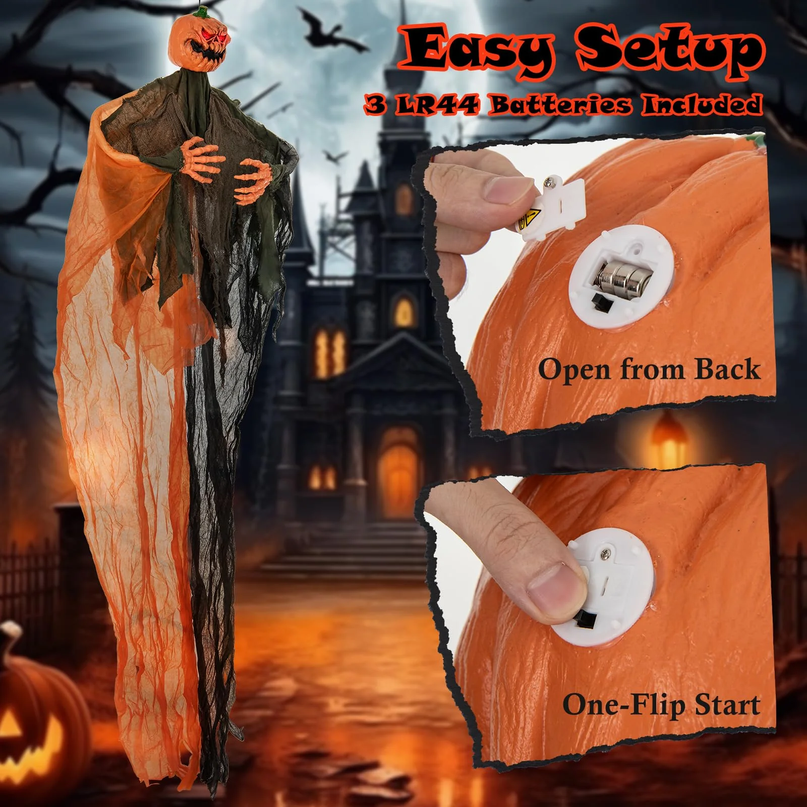 Goplus 6 Ft Hanging Halloween Decoration, Ghost Pumpkin Man with Red LED Eyes & Posable Arms - Image 4