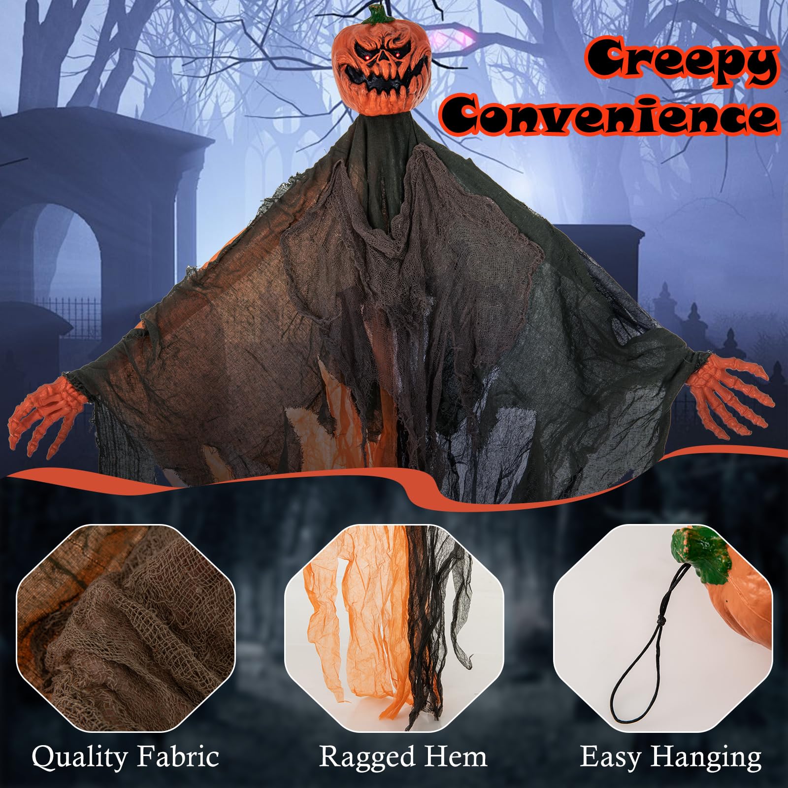 Goplus 6 Ft Hanging Halloween Decoration, Ghost Pumpkin Man with Red LED Eyes & Posable Arms - Image 6