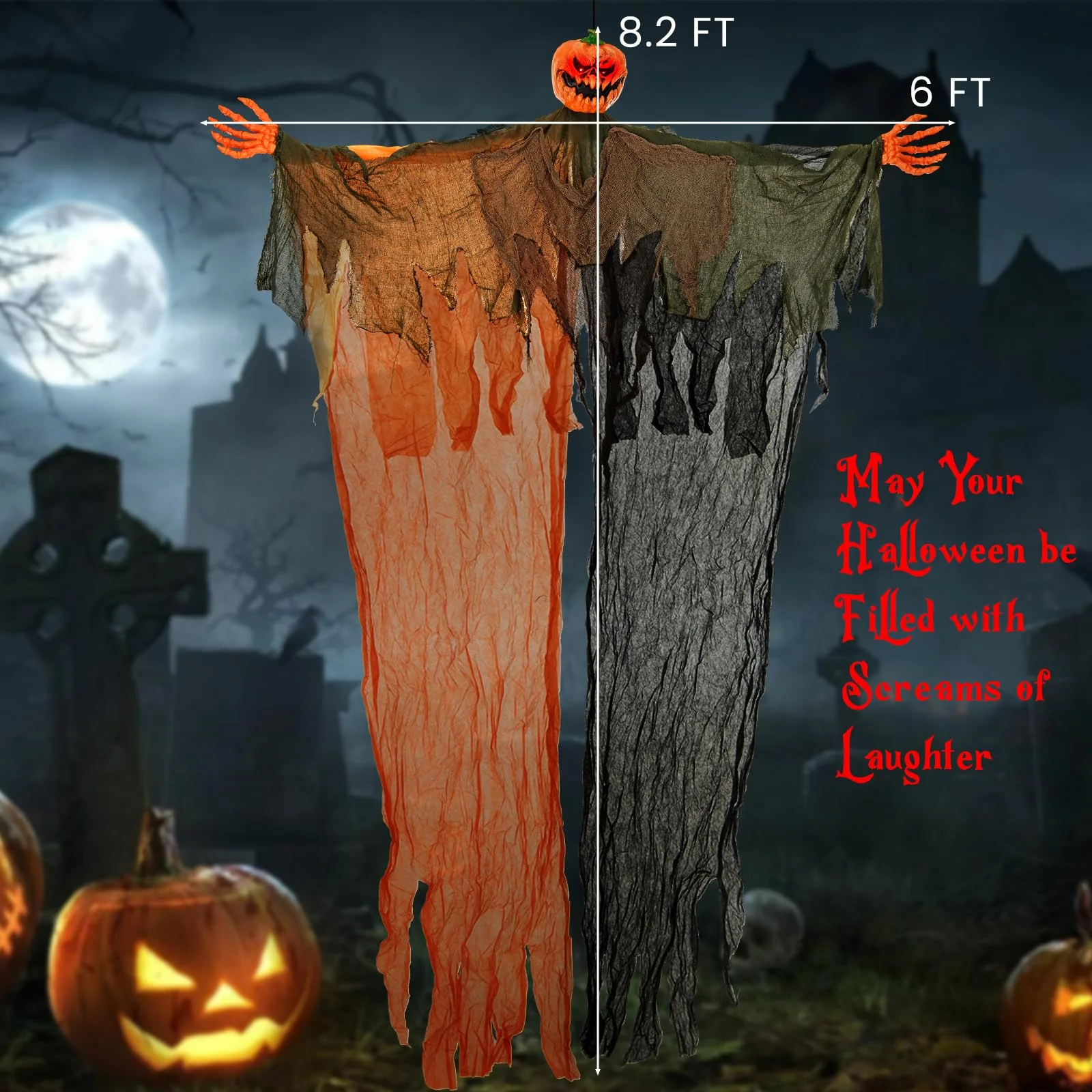 Goplus 6 Ft Hanging Halloween Decoration, Ghost Pumpkin Man with Red LED Eyes & Posable Arms - Image 7