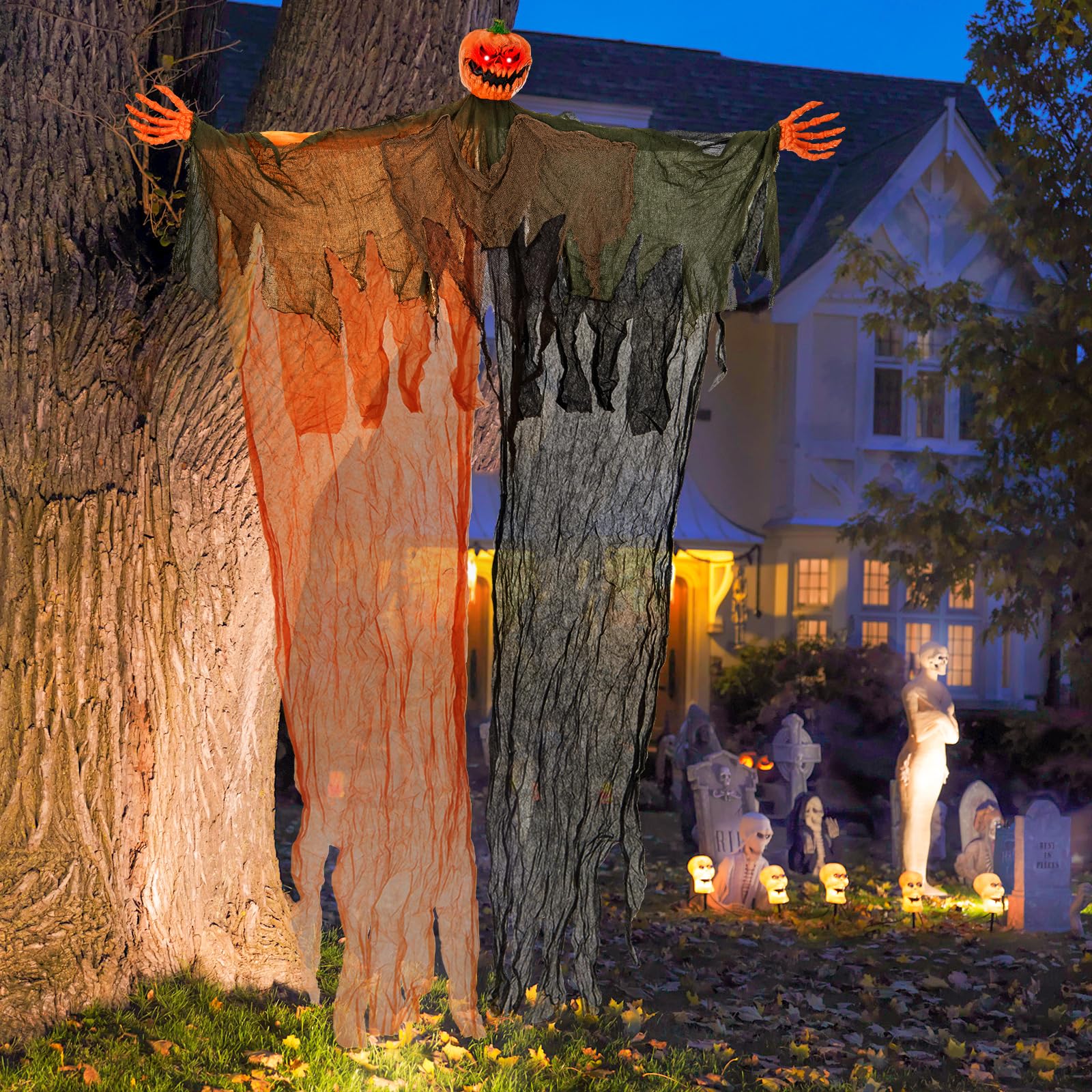 Goplus 6 Ft Hanging Halloween Decoration, Ghost Pumpkin Man with Red LED Eyes & Posable Arms - Image 8