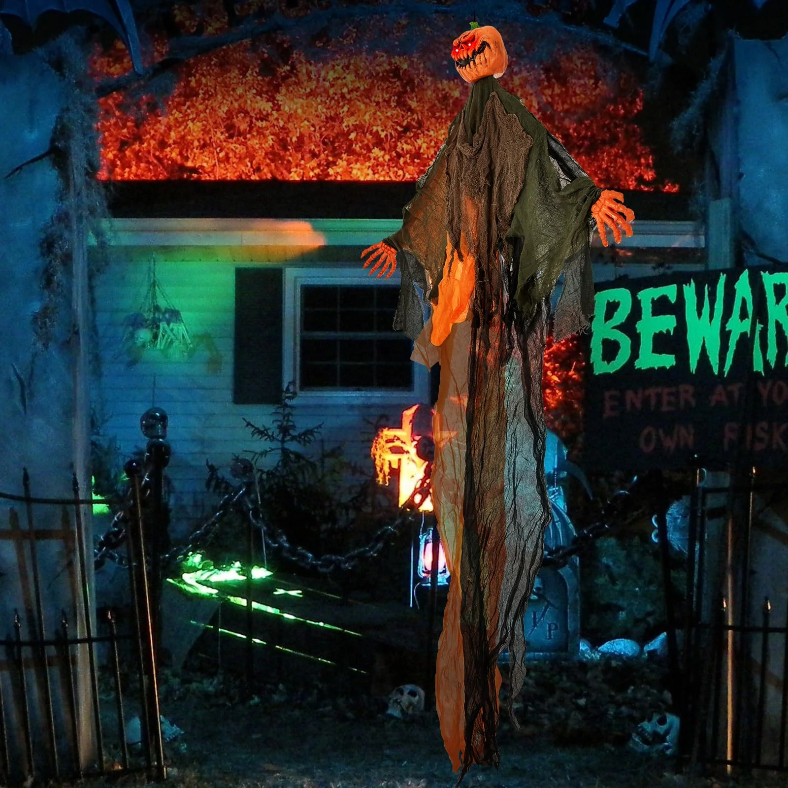 Goplus 6 Ft Hanging Halloween Decoration, Ghost Pumpkin Man with Red LED Eyes & Posable Arms - Image 9