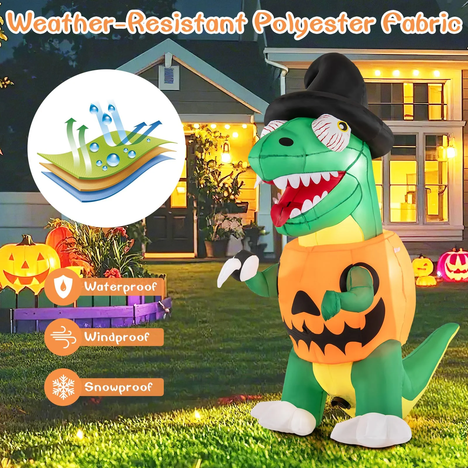 Goplus 6 FT Inflatable Pumpkin Dinosaur, Blow up Yard Decoration with Built-in LED Lights & Witch Hat - Image 3