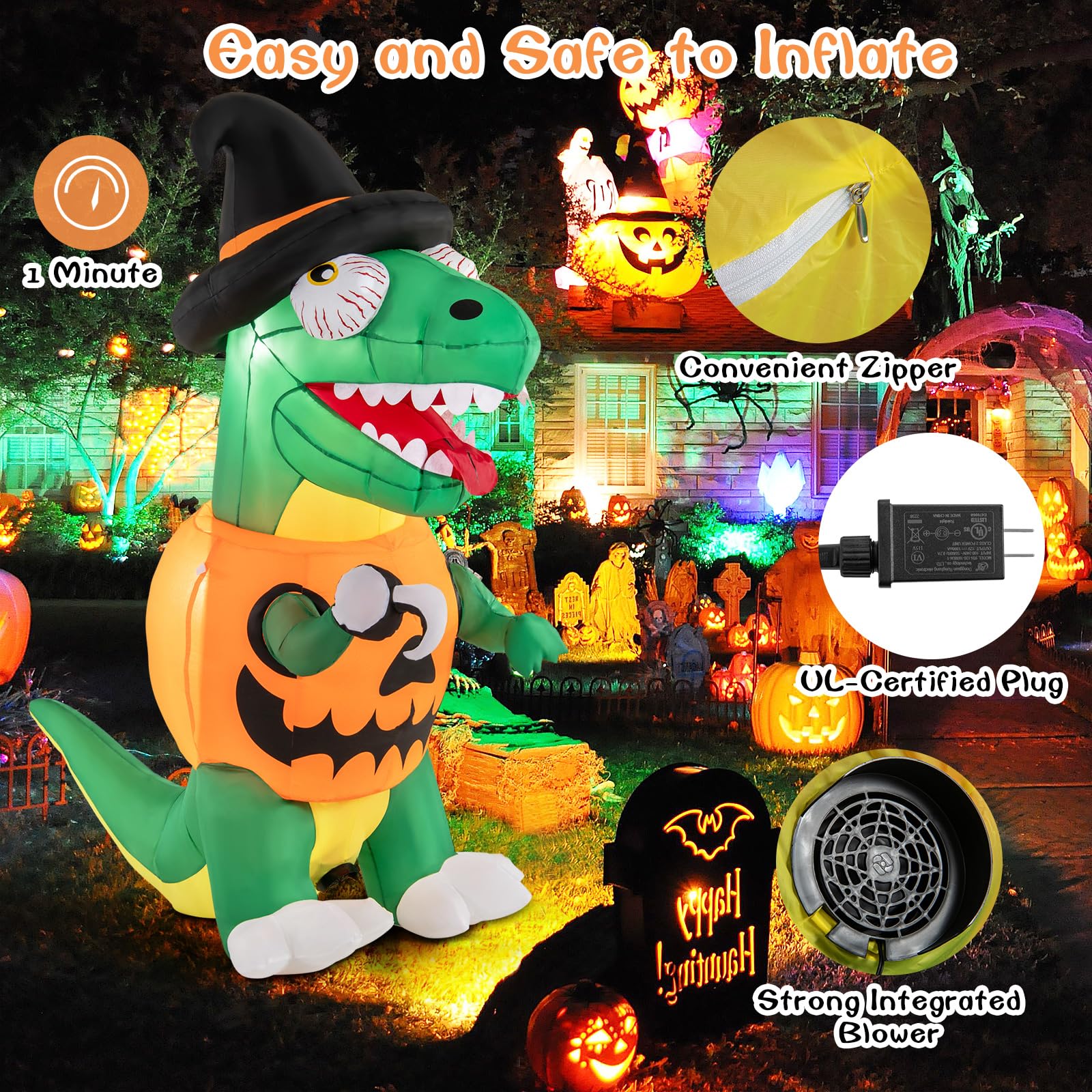 Goplus 6 FT Inflatable Pumpkin Dinosaur, Blow up Yard Decoration with Built-in LED Lights & Witch Hat - Image 4