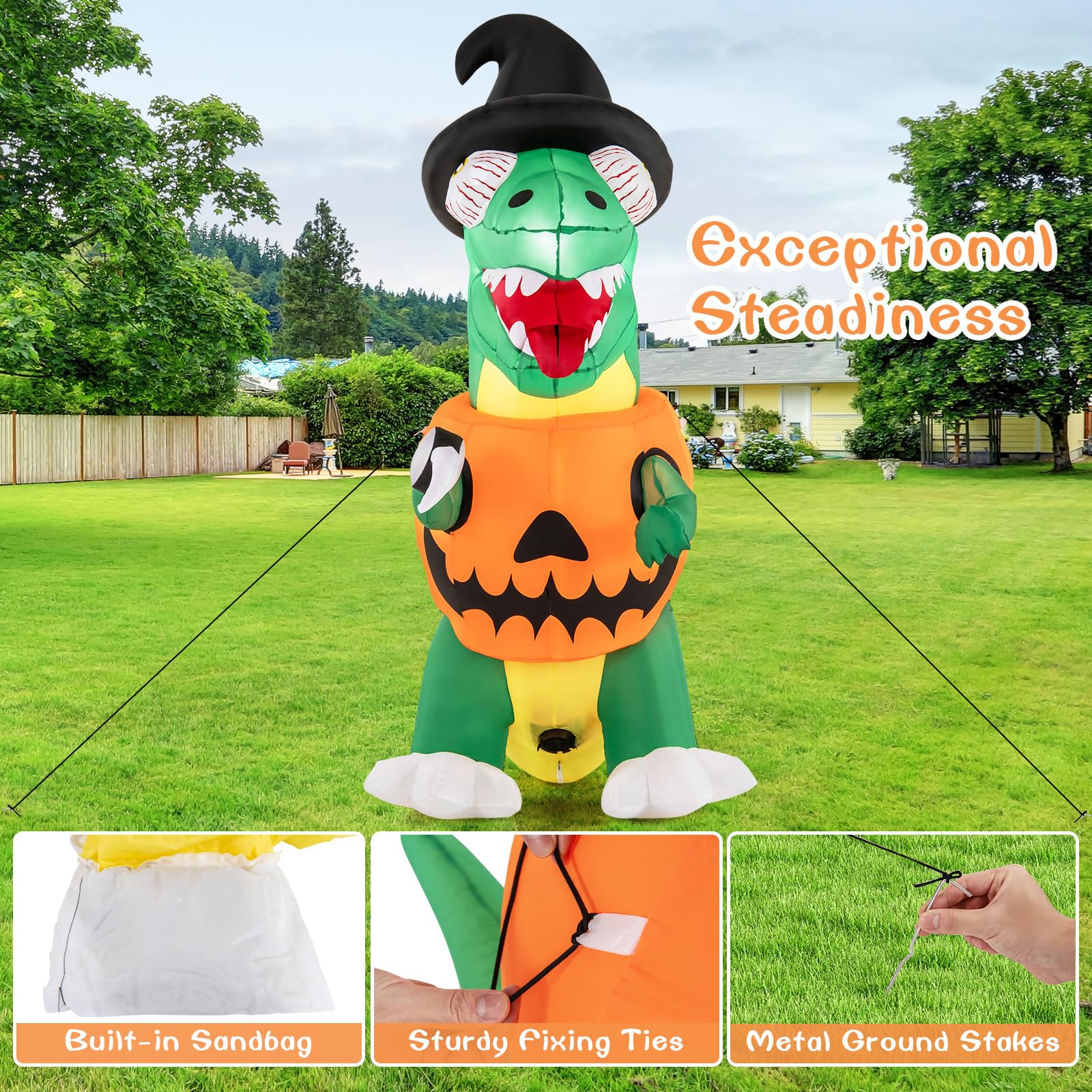 Goplus 6 FT Inflatable Pumpkin Dinosaur, Blow up Yard Decoration with Built-in LED Lights & Witch Hat - Image 5