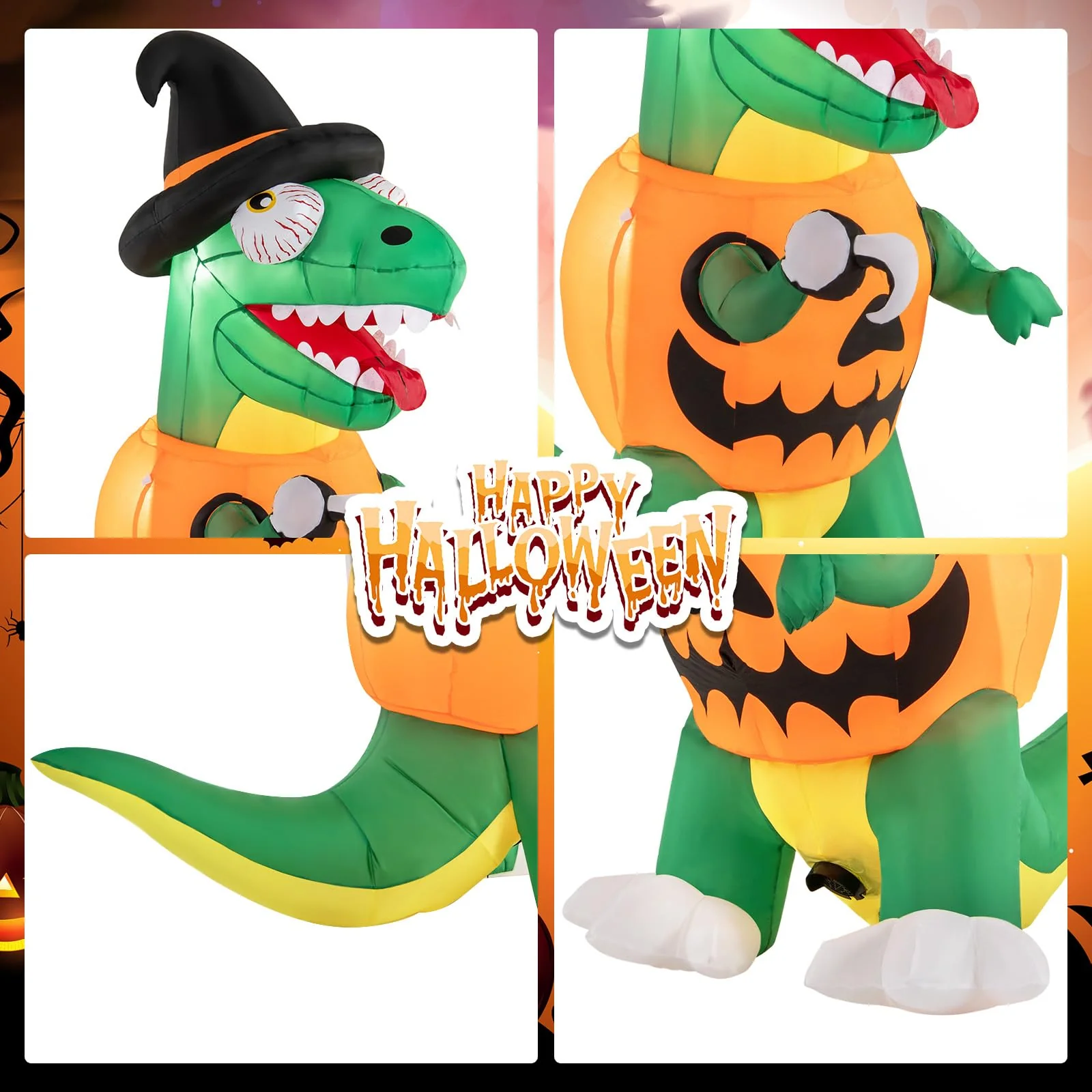 Goplus 6 FT Inflatable Pumpkin Dinosaur, Blow up Yard Decoration with Built-in LED Lights & Witch Hat - Image 6