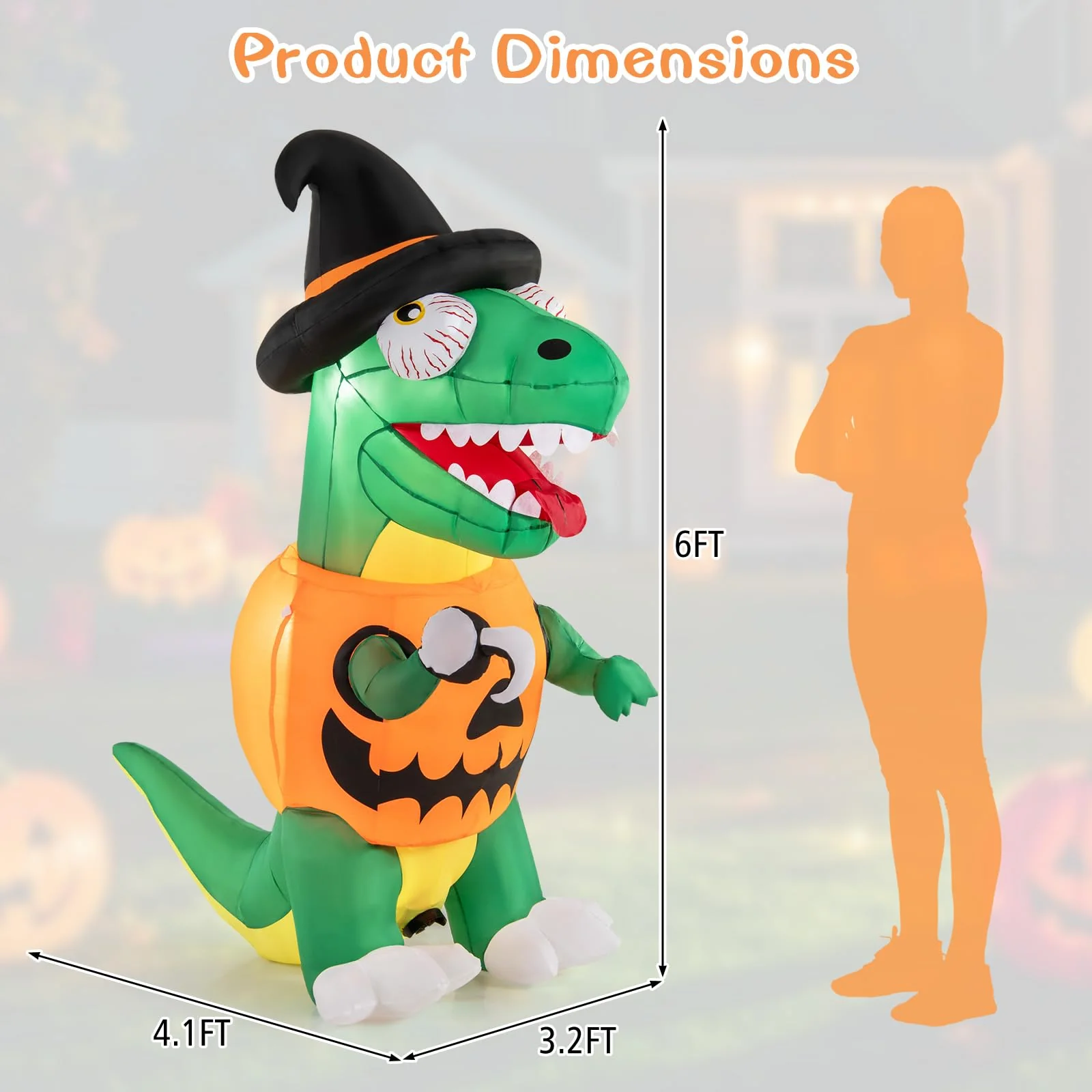 Goplus 6 FT Inflatable Pumpkin Dinosaur, Blow up Yard Decoration with Built-in LED Lights & Witch Hat - Image 7