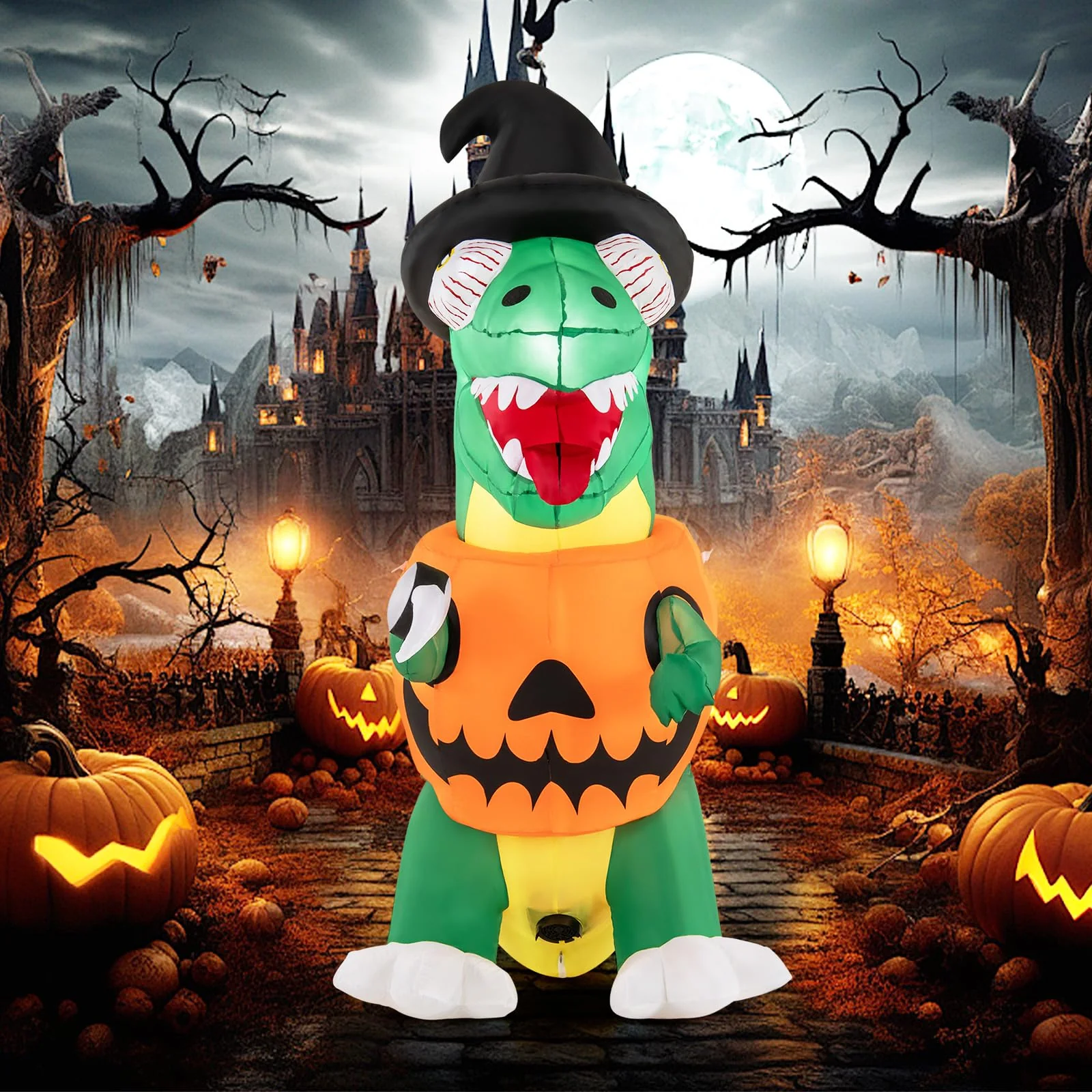 Goplus 6 FT Inflatable Pumpkin Dinosaur, Blow up Yard Decoration with Built-in LED Lights & Witch Hat - Image 8