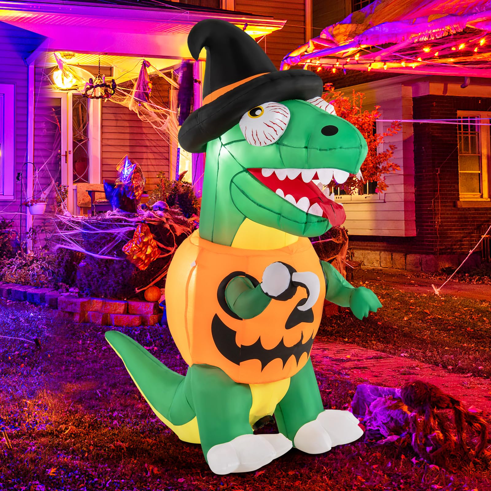 Goplus 6 FT Inflatable Pumpkin Dinosaur, Blow up Yard Decoration with Built-in LED Lights & Witch Hat - Image 9