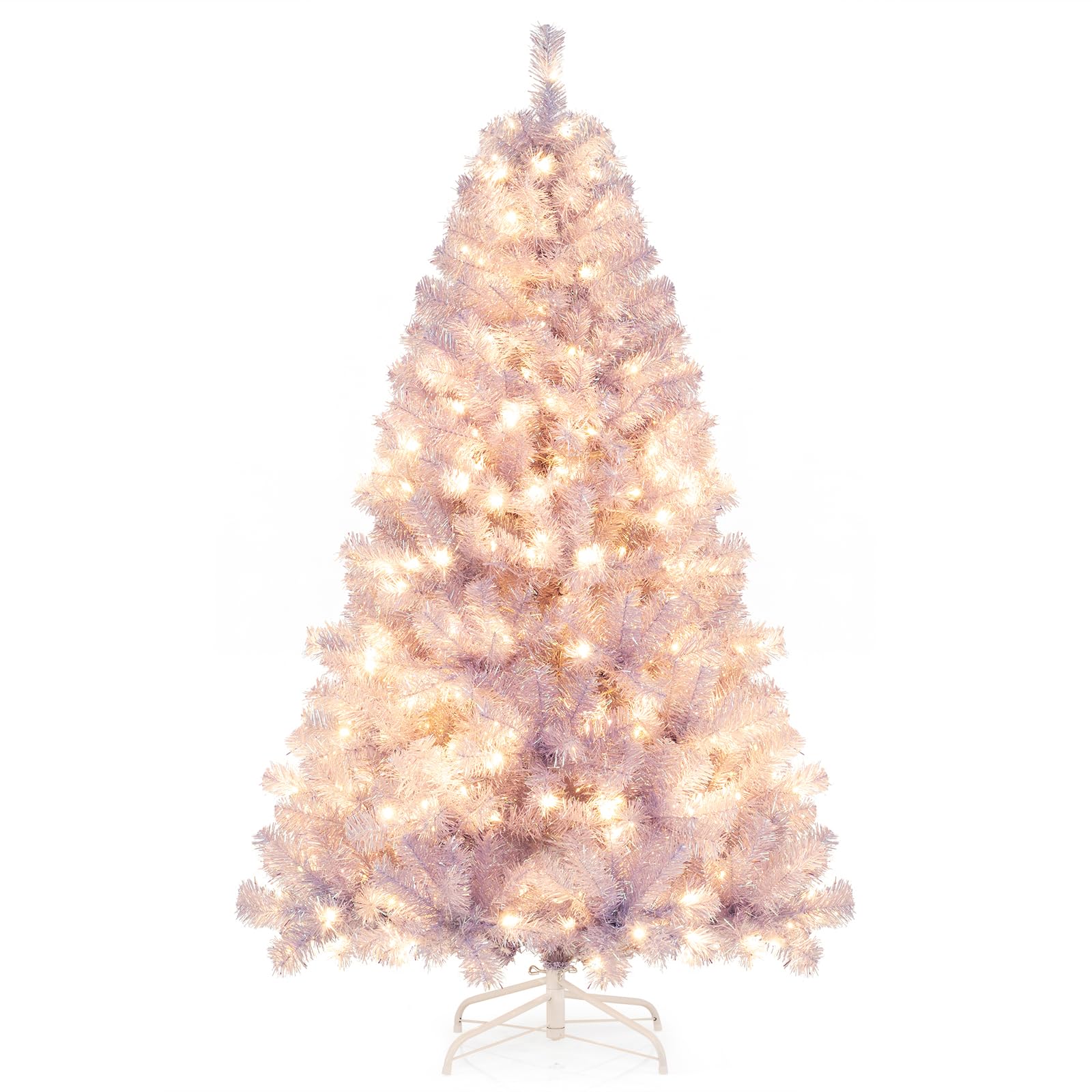 Goplus 6FT / 7.5FT Pre-Lit Tinsel Christmas Tree with Warm White LED Lights