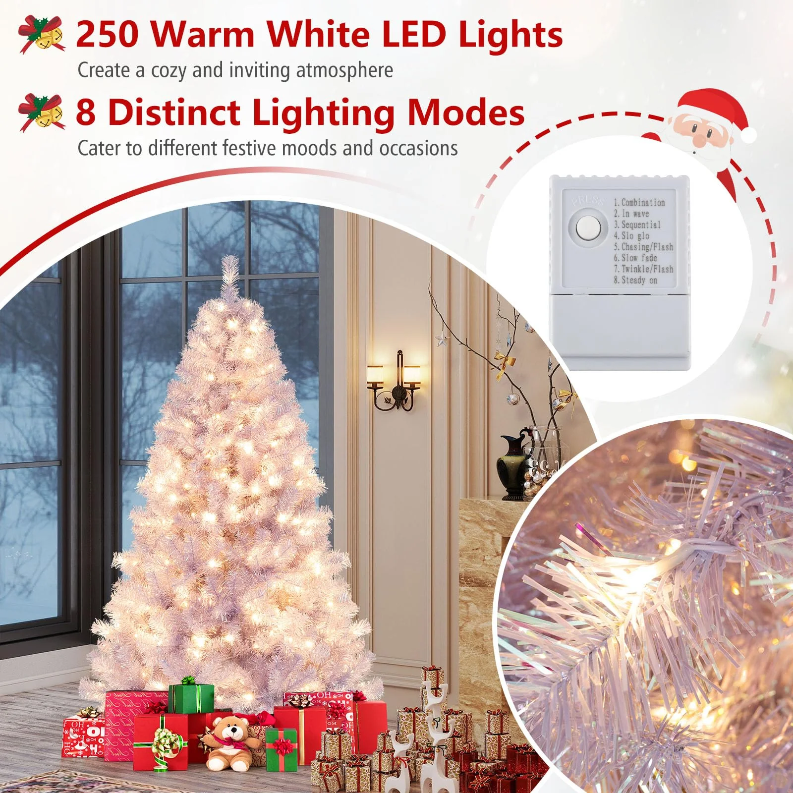 Goplus 6FT / 7.5FT Pre-Lit Tinsel Christmas Tree with Warm White LED Lights - Image 2
