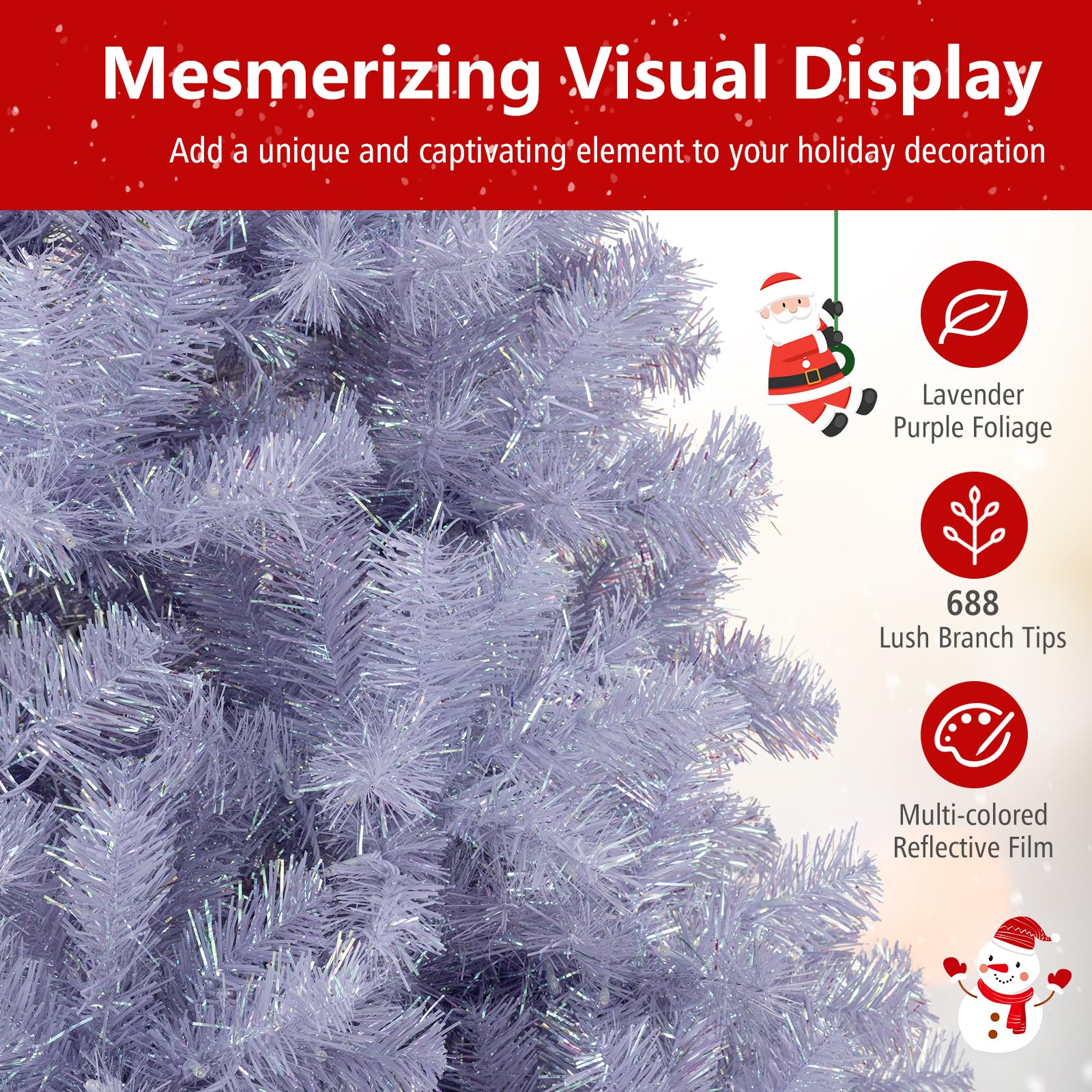 Goplus 6FT / 7.5FT Pre-Lit Tinsel Christmas Tree with Warm White LED Lights - Image 3