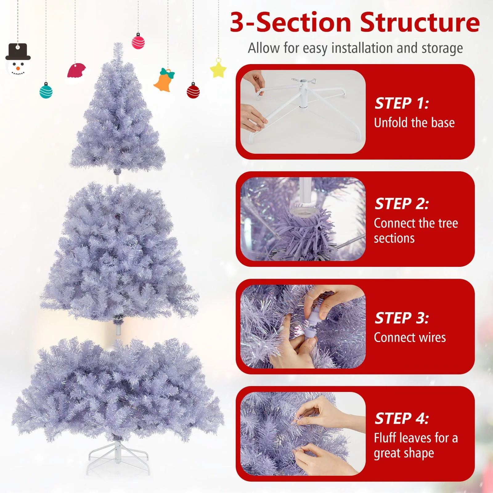 Goplus 6FT / 7.5FT Pre-Lit Tinsel Christmas Tree with Warm White LED Lights - Image 4
