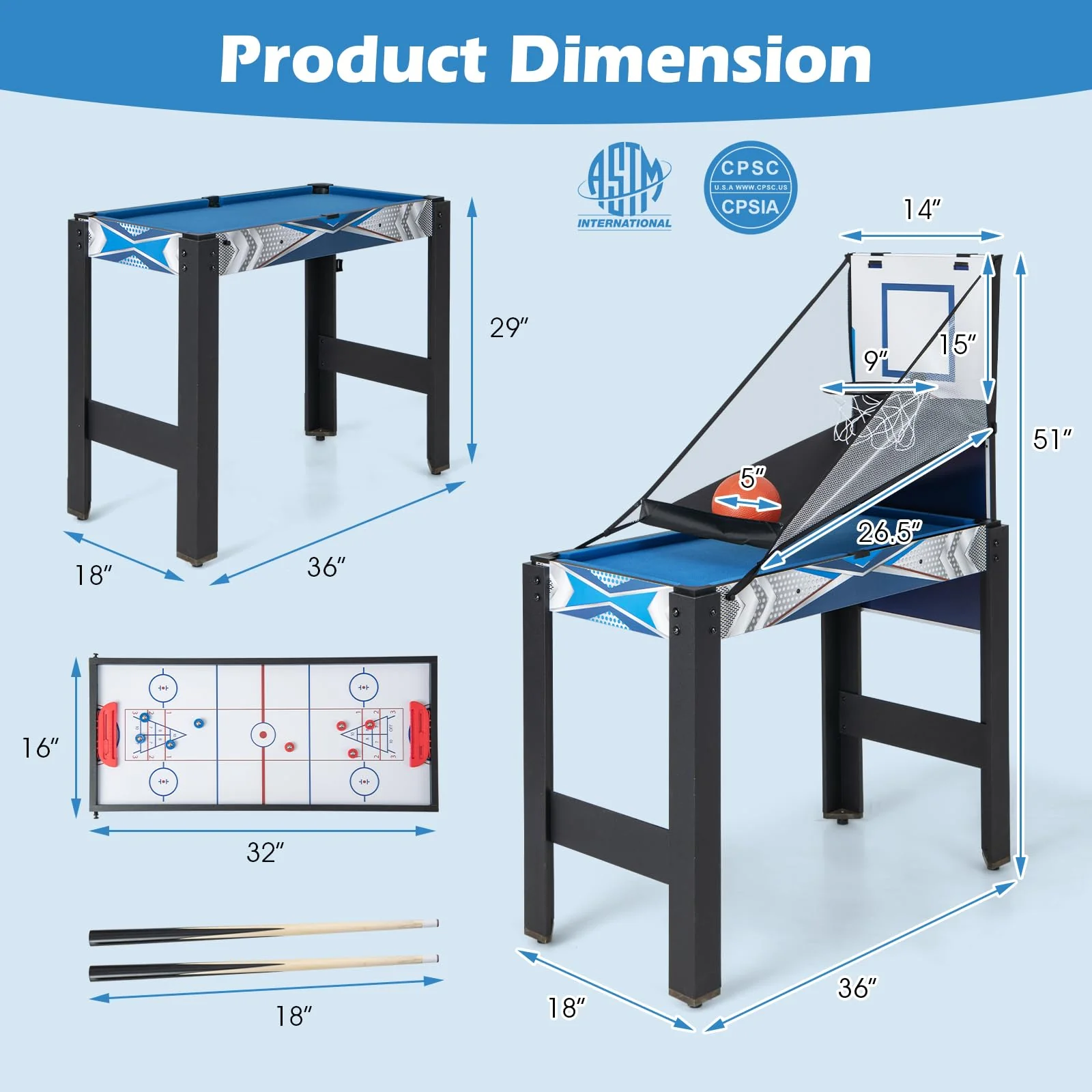 Goplus 6-in-1 Multi Game Table, Combo Game Table w/Basketball, Billiards, Ping Pong, Hockey, Shuffleboard, Bowling - Image 6