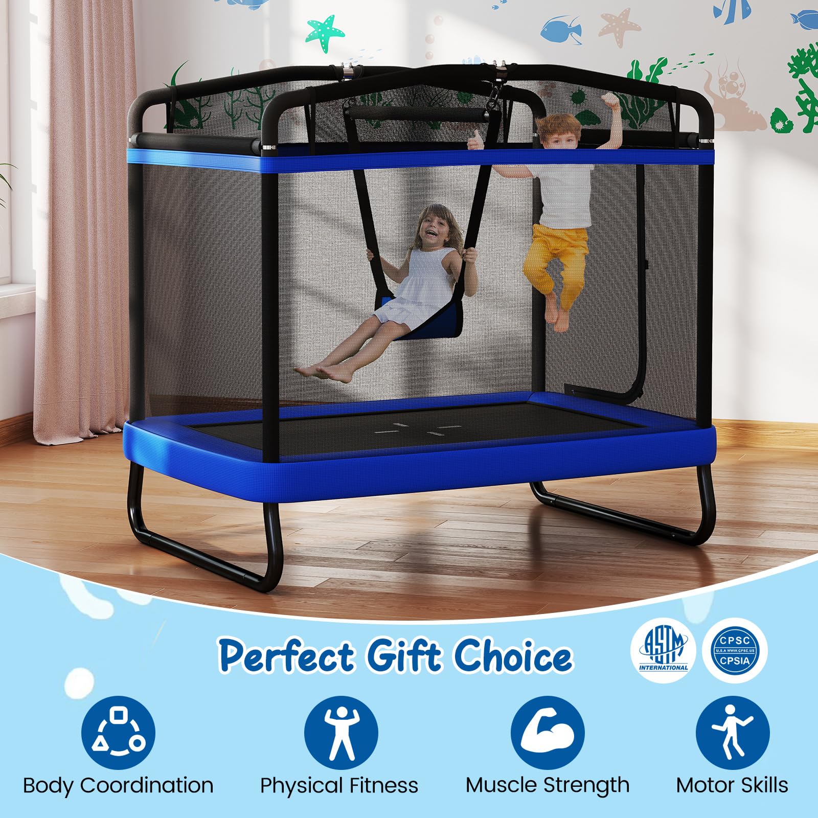 Goplus 6 x 4 FT Rectangle Kids Trampoline with Swing for Children Boys Girls - Image 8