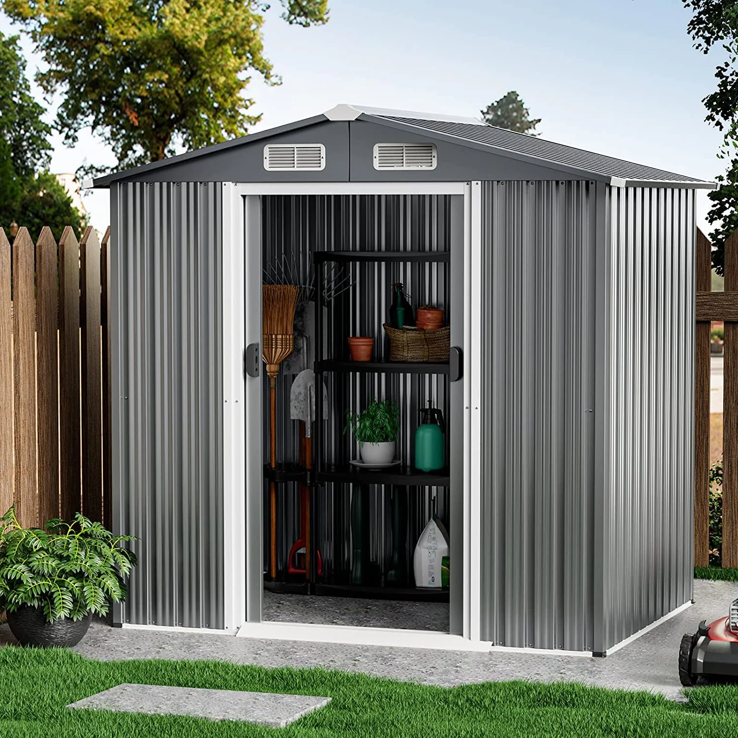 Goplus 6' x 4' Outdoor Storage Shed, Weather-Resistant Galvanized Metal Tool House - Image 8