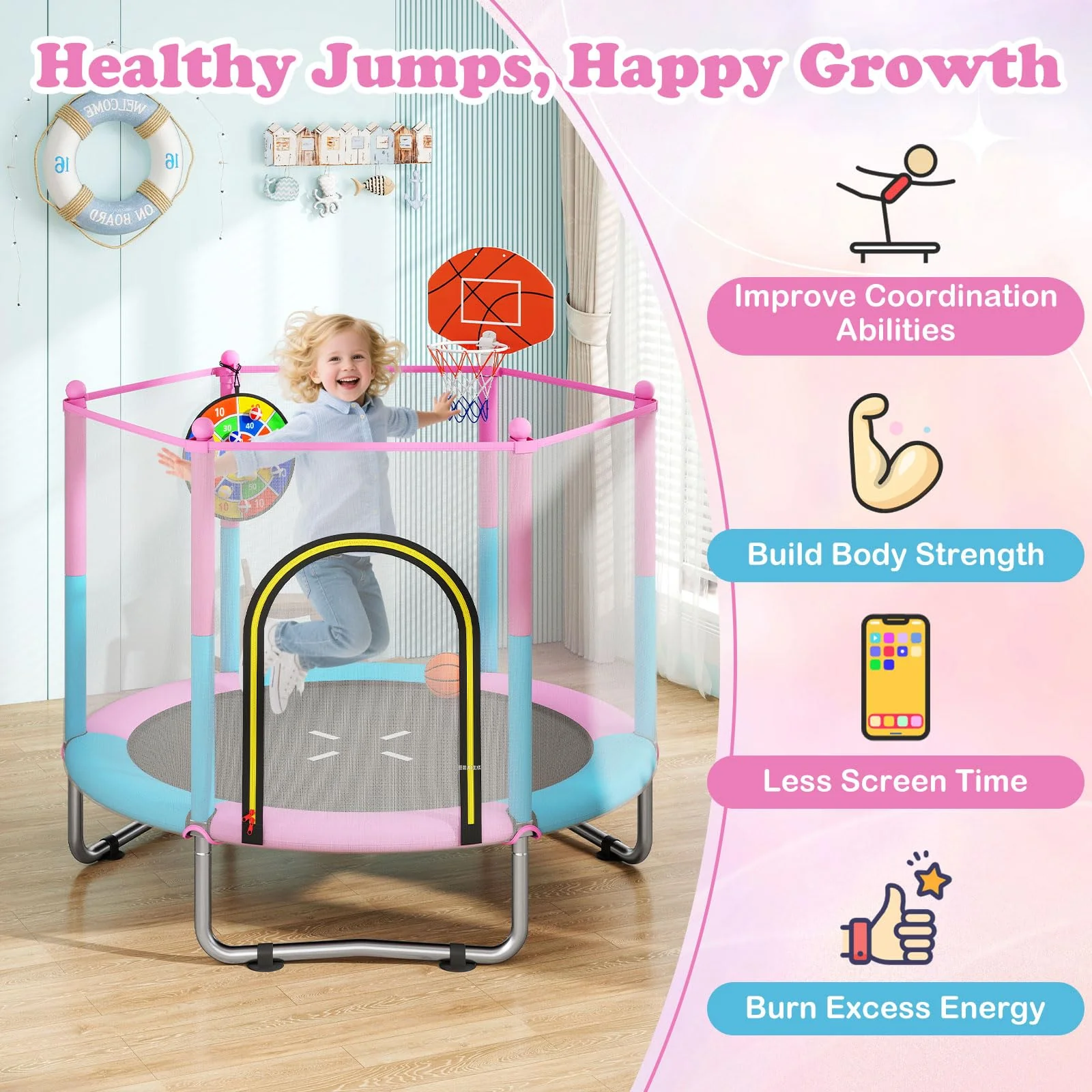 Goplus 60" Toddler Recreational Trampoline with Basketball Hoop for 3-6 Years Old Kids - Image 7