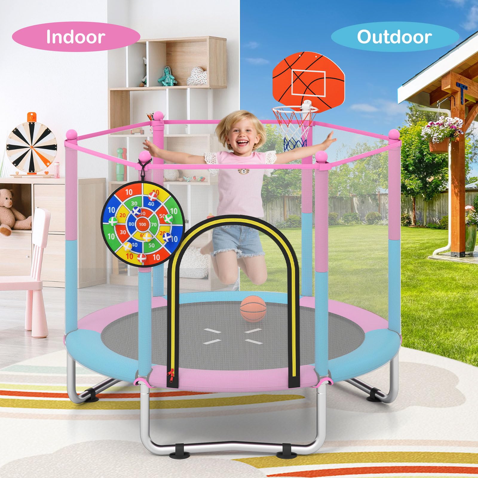 Goplus 60" Toddler Recreational Trampoline with Basketball Hoop for 3-6 Years Old Kids - Image 8