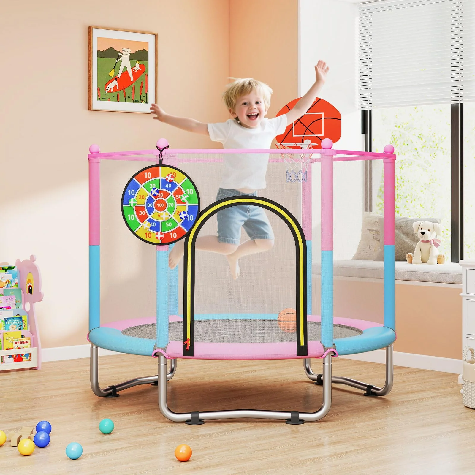 Goplus 60" Toddler Recreational Trampoline with Basketball Hoop for 3-6 Years Old Kids - Image 9