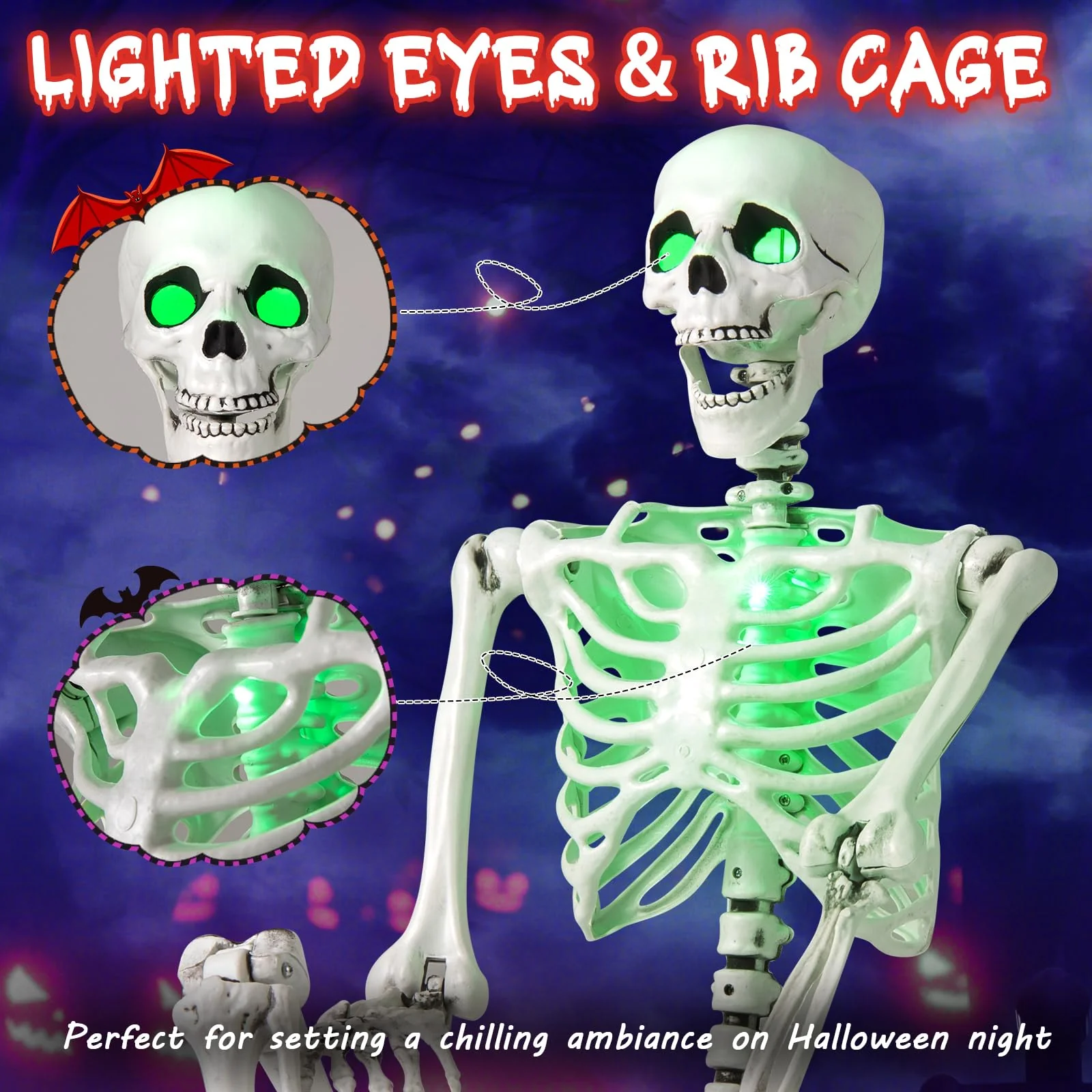 Goplus 63" Life-Size Posable Skeleton with Green LED Lights Halloween Lighted Skeleton Decoration - Image 3