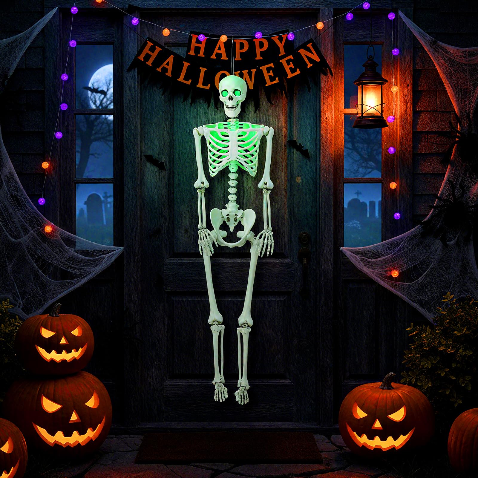 Goplus 63" Life-Size Posable Skeleton with Green LED Lights Halloween Lighted Skeleton Decoration - Image 6