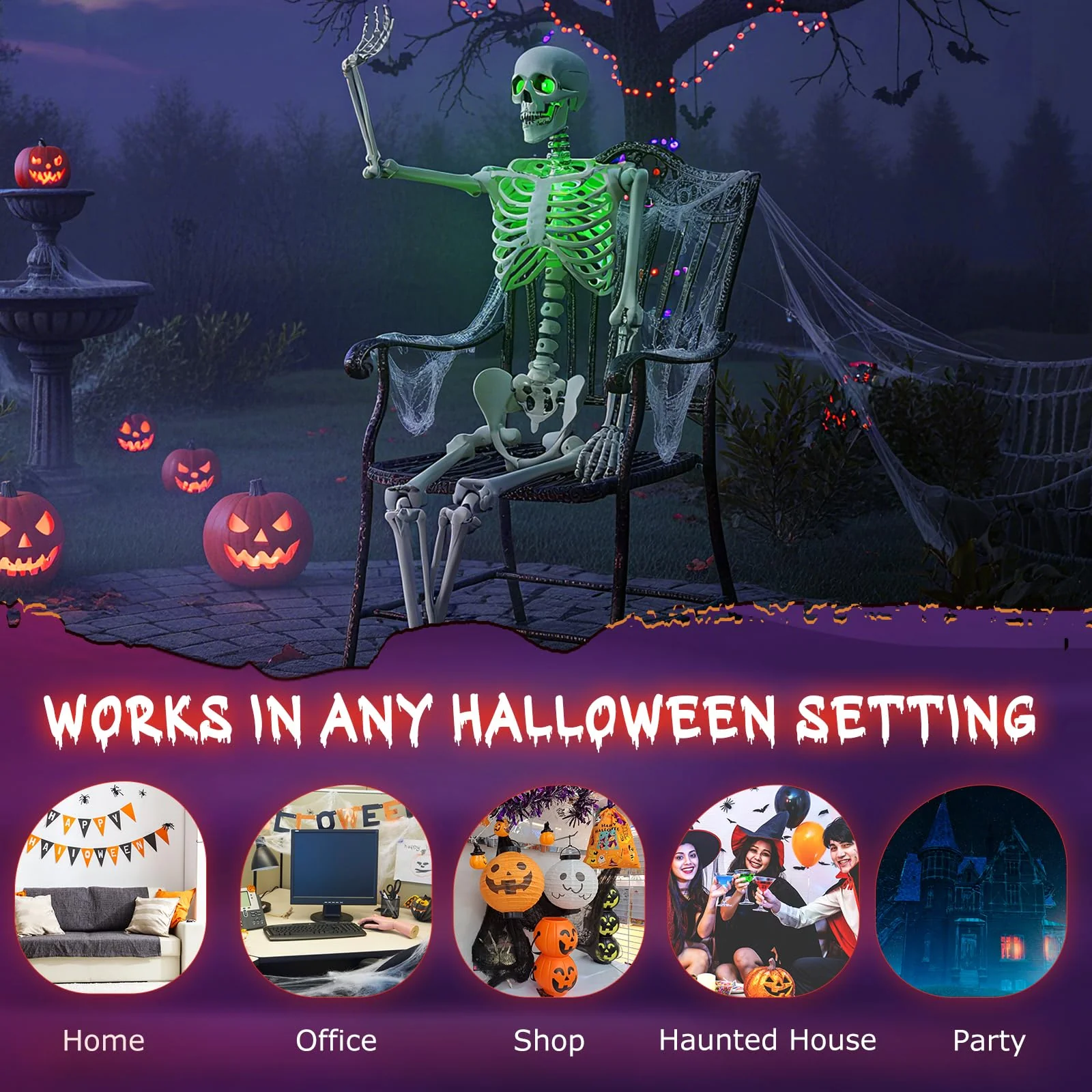 Goplus 63" Life-Size Posable Skeleton with Green LED Lights Halloween Lighted Skeleton Decoration - Image 7