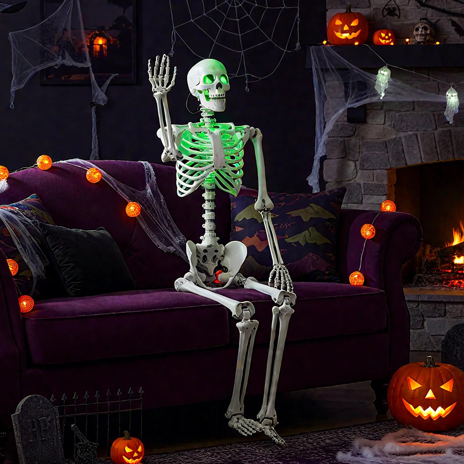 Goplus 63" Life-Size Posable Skeleton with Green LED Lights Halloween Lighted Skeleton Decoration - Image 8