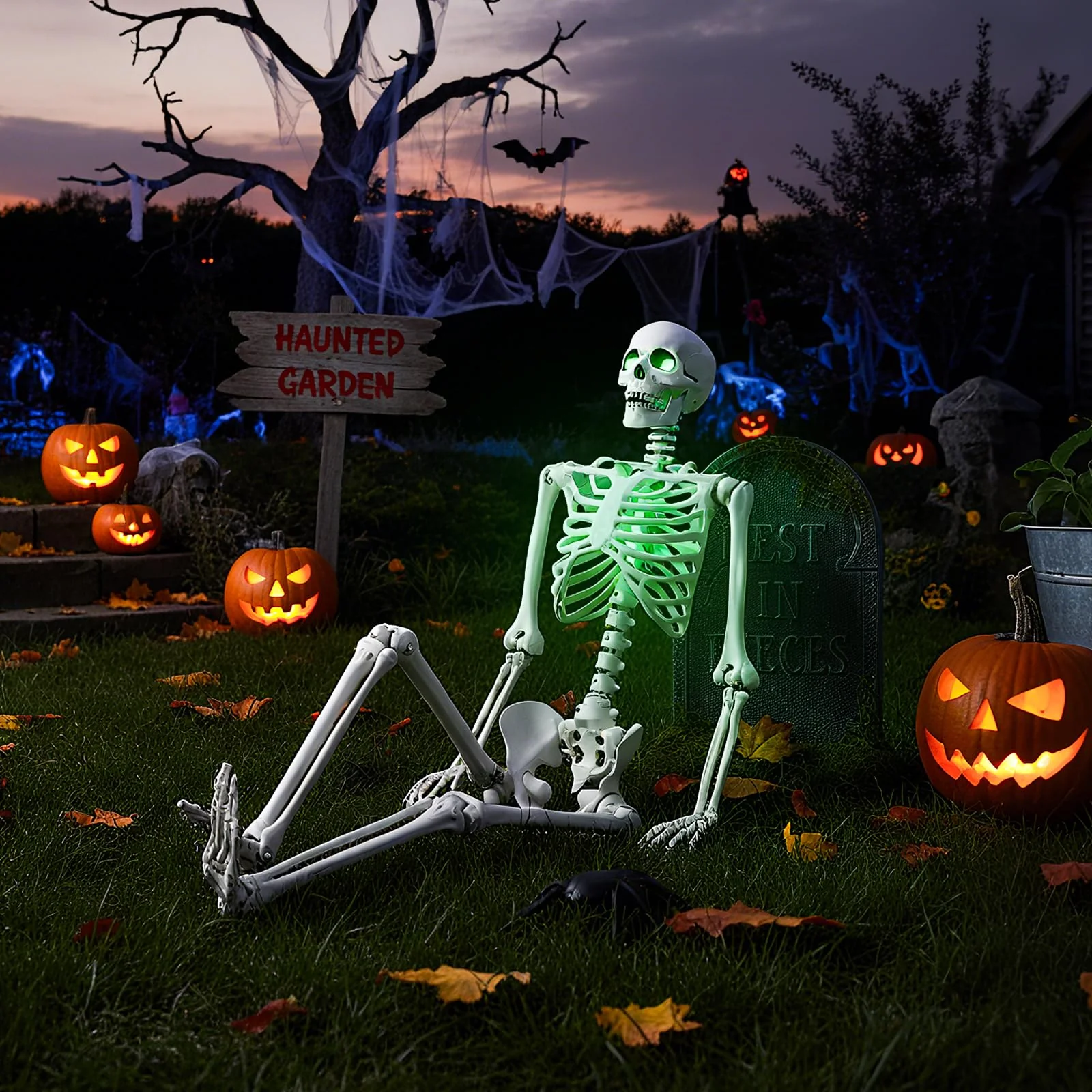Goplus 63" Life-Size Posable Skeleton with Green LED Lights Halloween Lighted Skeleton Decoration - Image 9