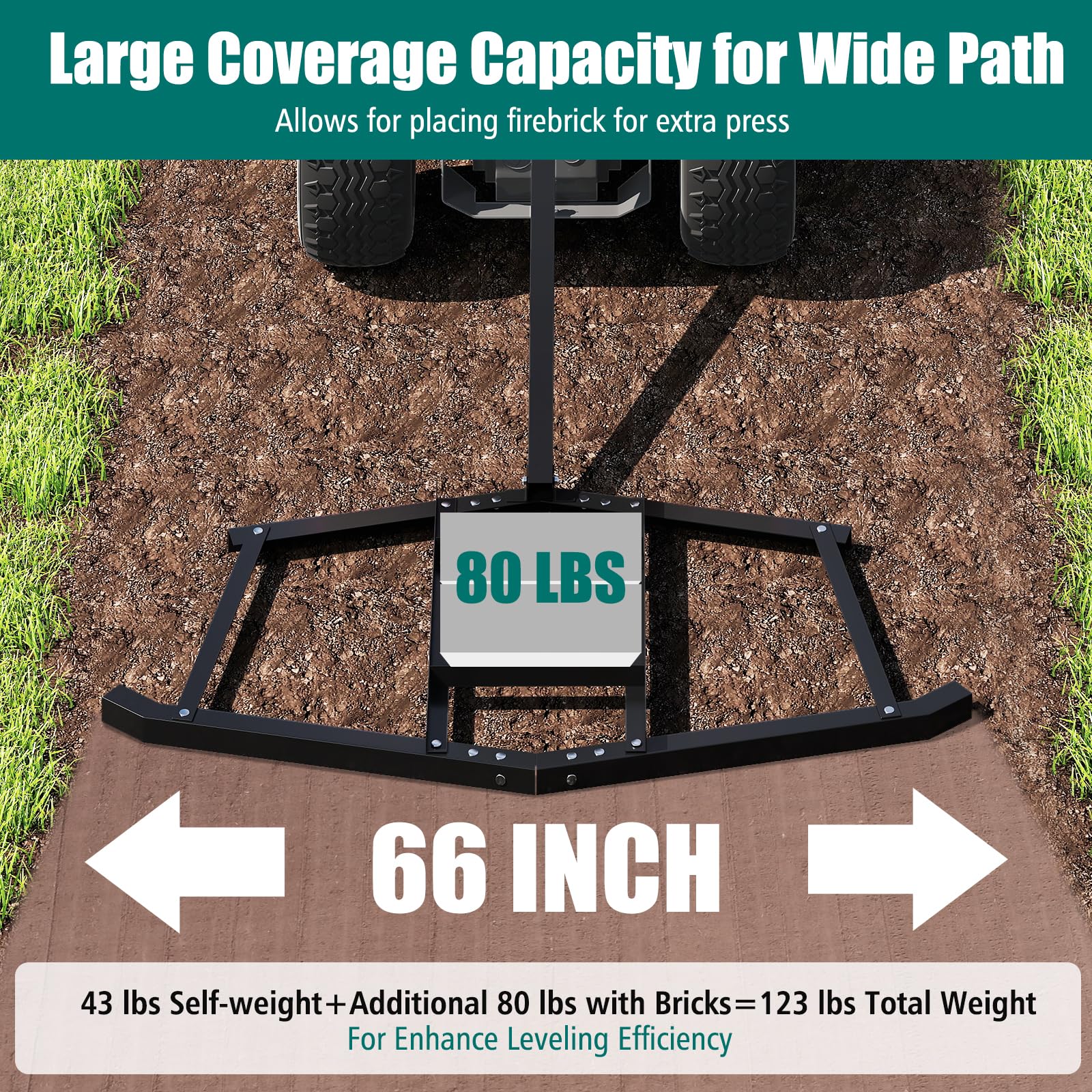 Goplus 66" Wide Driveway Drag Tow Behind Landscape Leveling Rake w/Reinforced Bars - Image 3